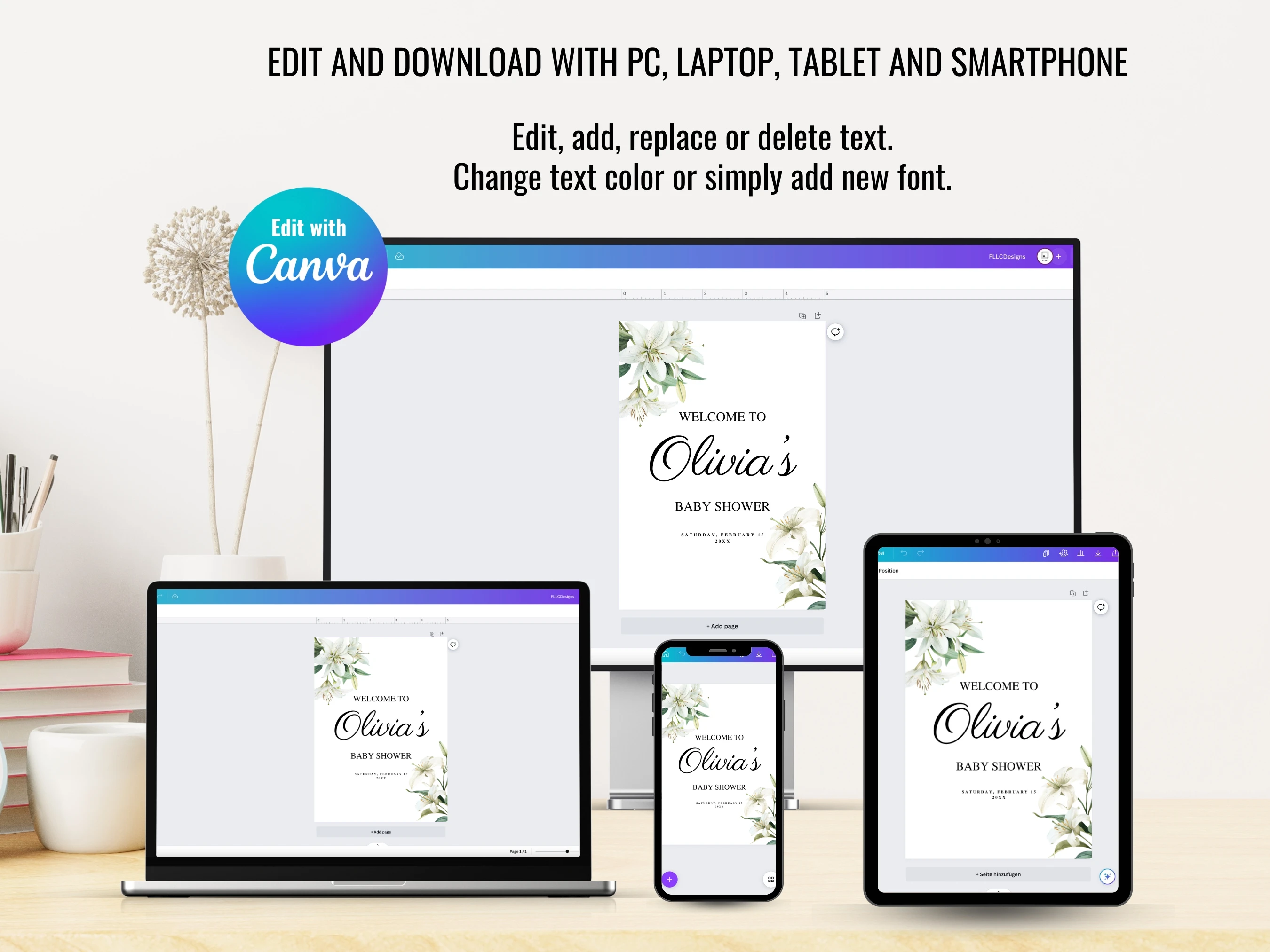Baby In Bloom Baby Shower Welcome Sign | Wildflower Floral Greenery Welcome Board For Baby Girl | Editable Canva Template | Digital Download