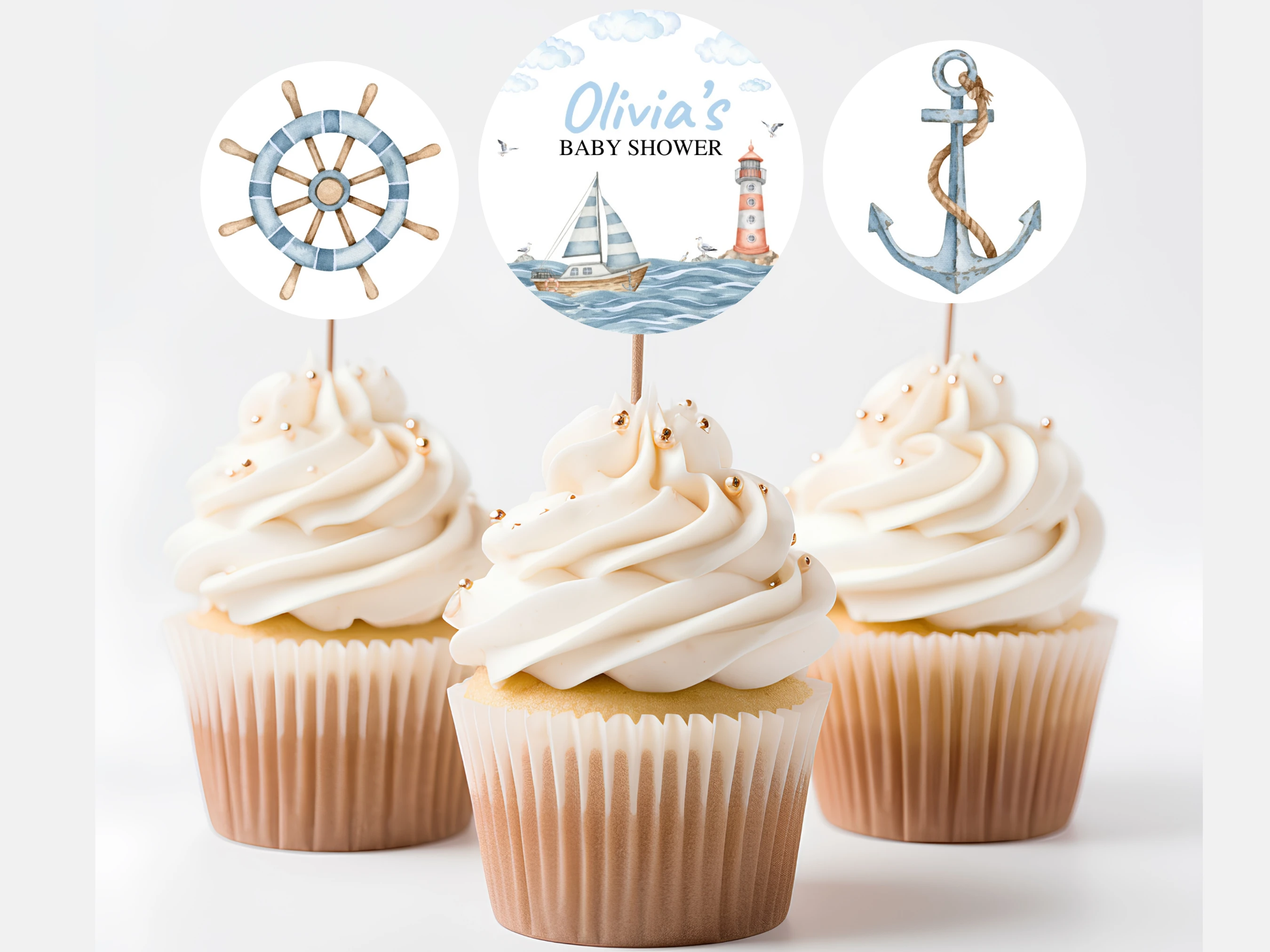 nautical baby shower cupcake toppers ahoy its a boy sailboat decor canva template digital download, sailboat baby shower cupcake topper nautical ocean baby shower decorations canva template