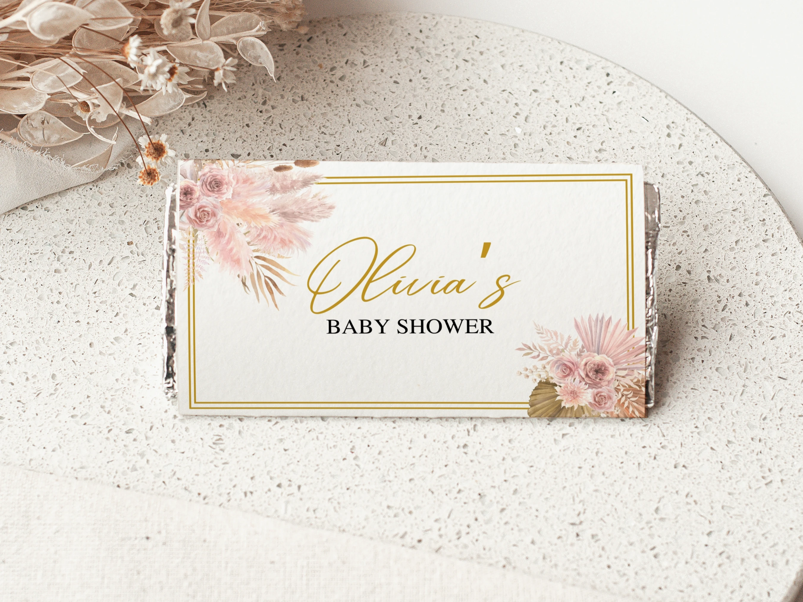 boho baby shower chocolate wrapper, pampas grass candy bar wrapper printable, rose gold baby shower chocolate label, boho girl baby shower candy bar label, editable chocolate wrapper Canva