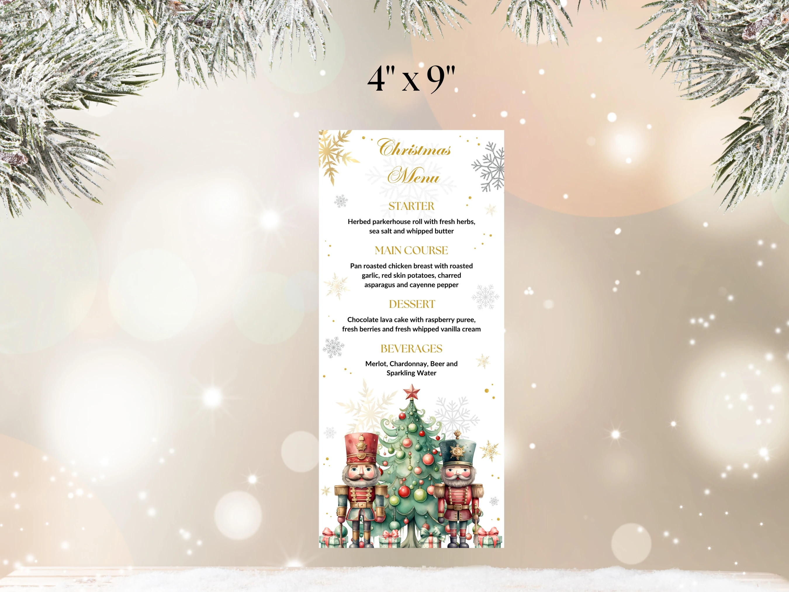 Nutcracker Christmas Dinner Menu Template | 4x9 Holiday Table Card | Editable Canva Template | Digital Download