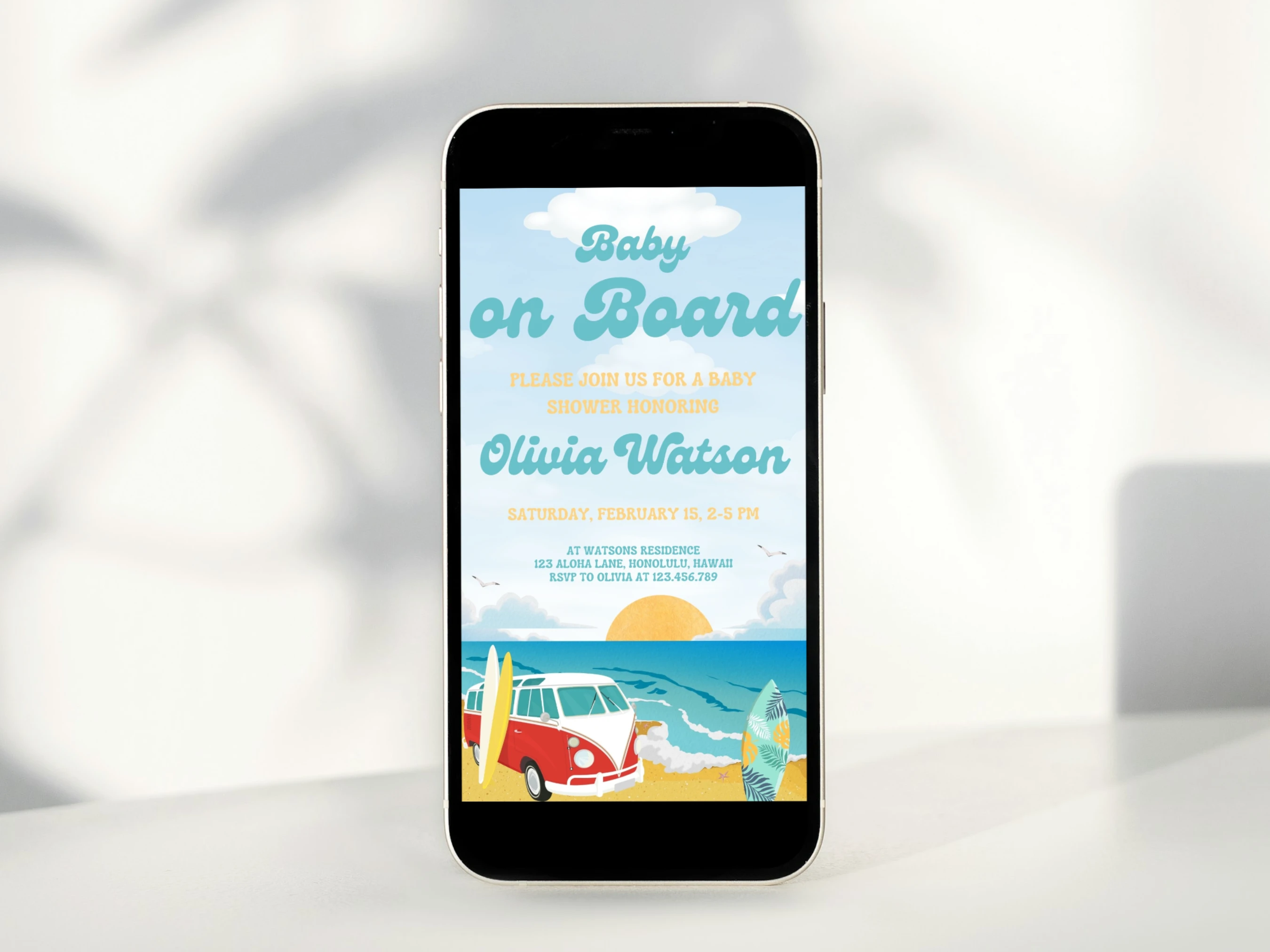 baby on board baby shower mobile invitation, surf baby shower digital invite, ocean tropical baby shower invitation template, printable baby shower invite, editable baby shower invitation Canva