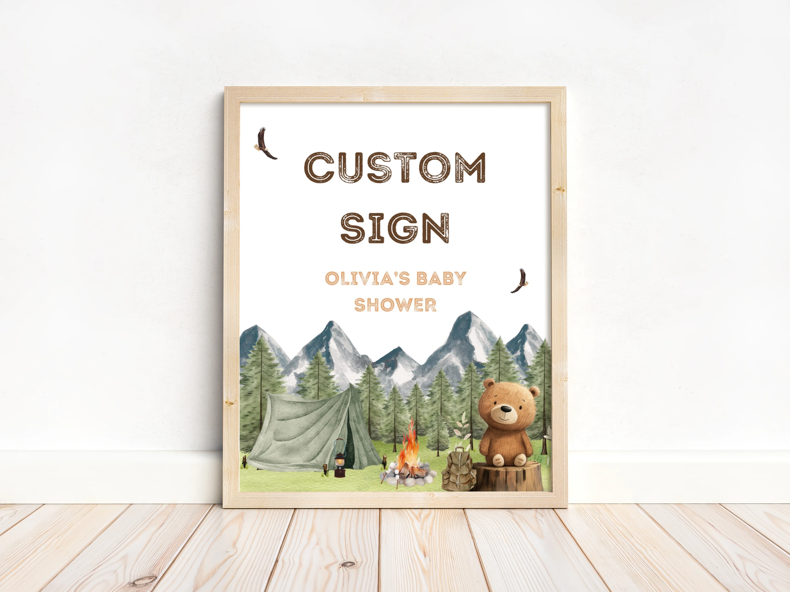 Little Camper Baby Shower Table Sign | Adventure Awaits Late Night Diapers | Pacifier Hunt Sign | Editable Canva Template | Digital Download