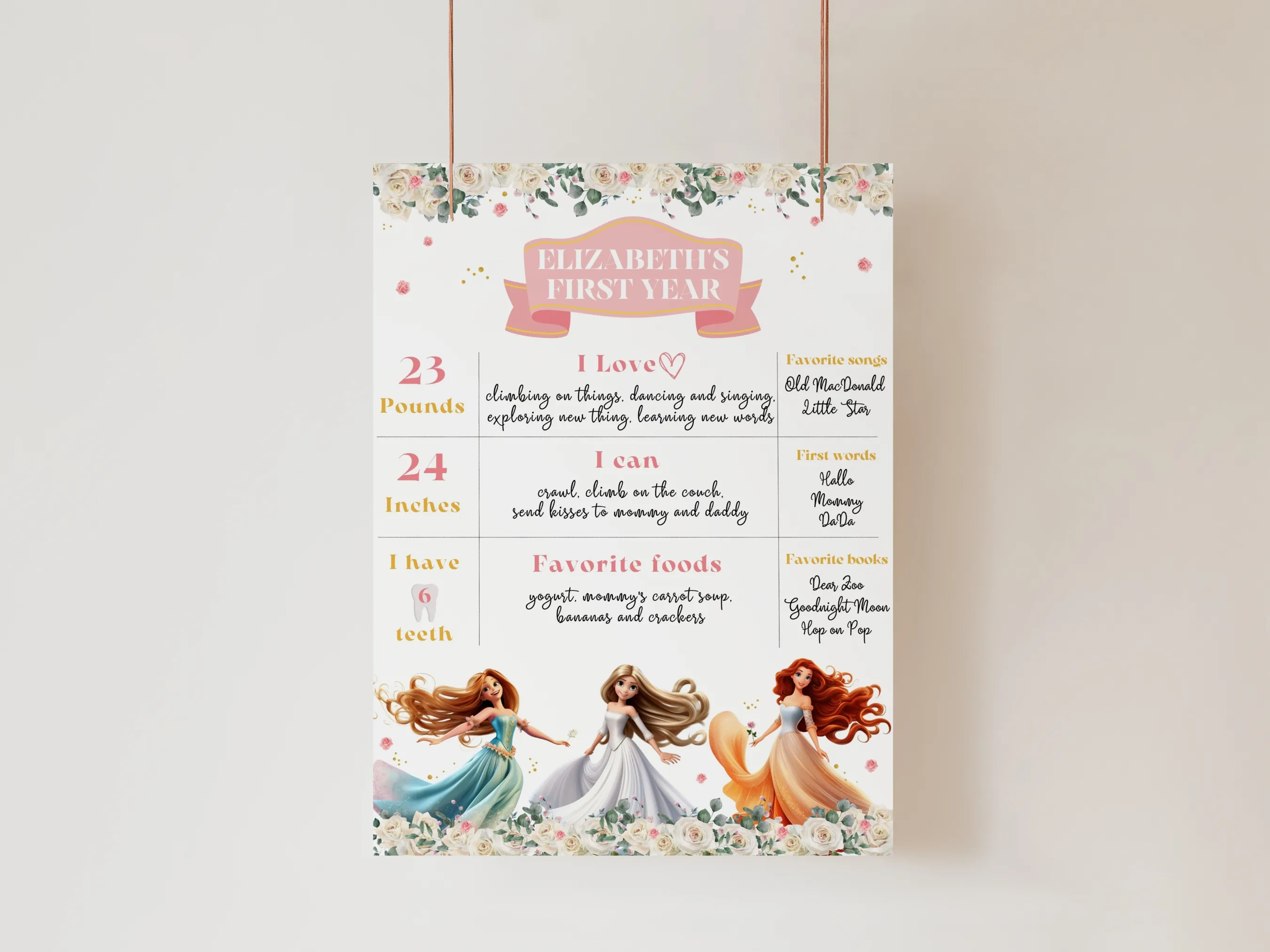Princess birthday milestone board with royal party theme for a first birthday celebration, editable Canva template digital download by fllcdesigns