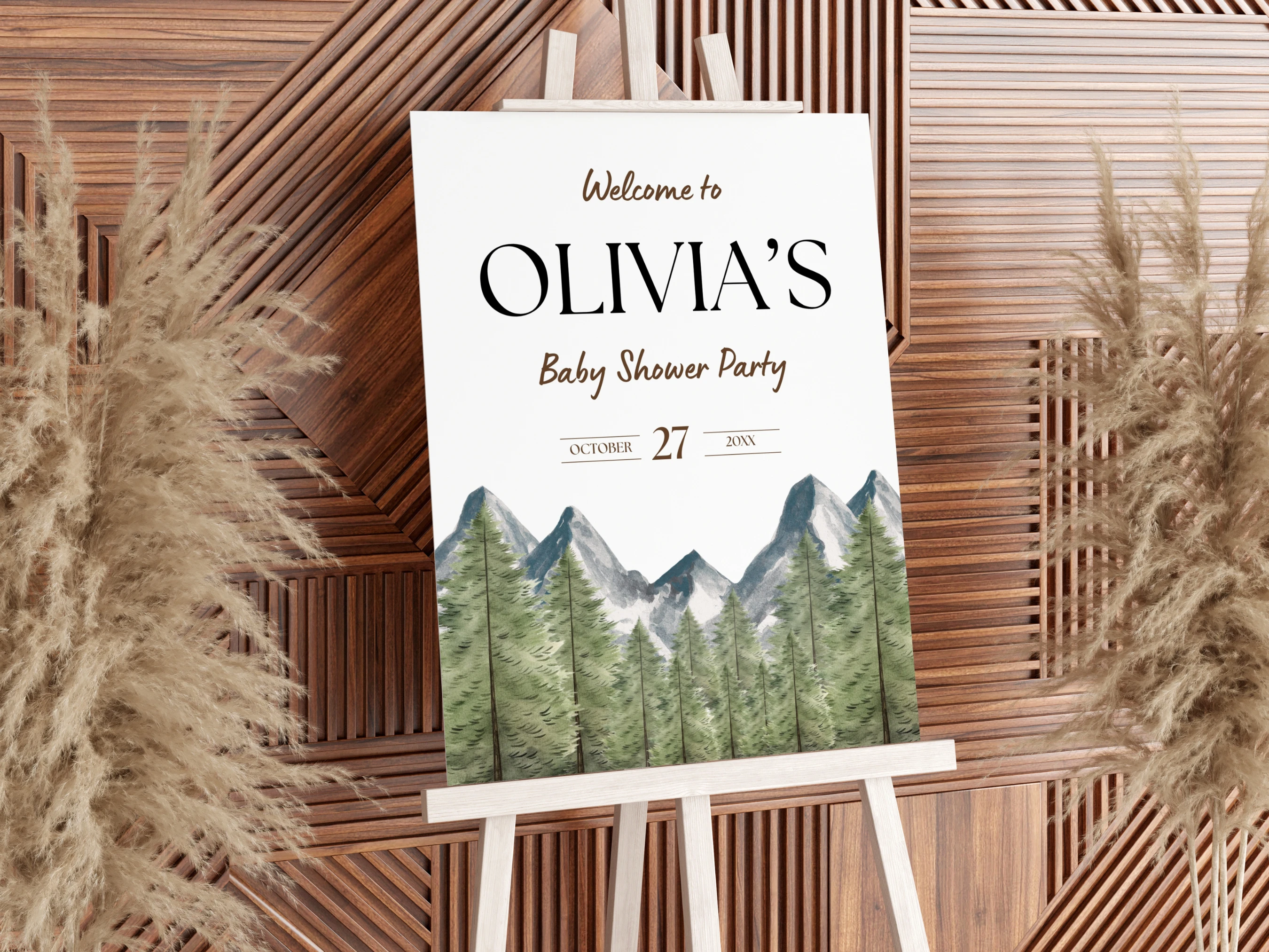 Adventure Awaits Baby Shower Welcome Sign | Woodland Forest Mountain Welcome Board | Editable Canva Template | Digital Download