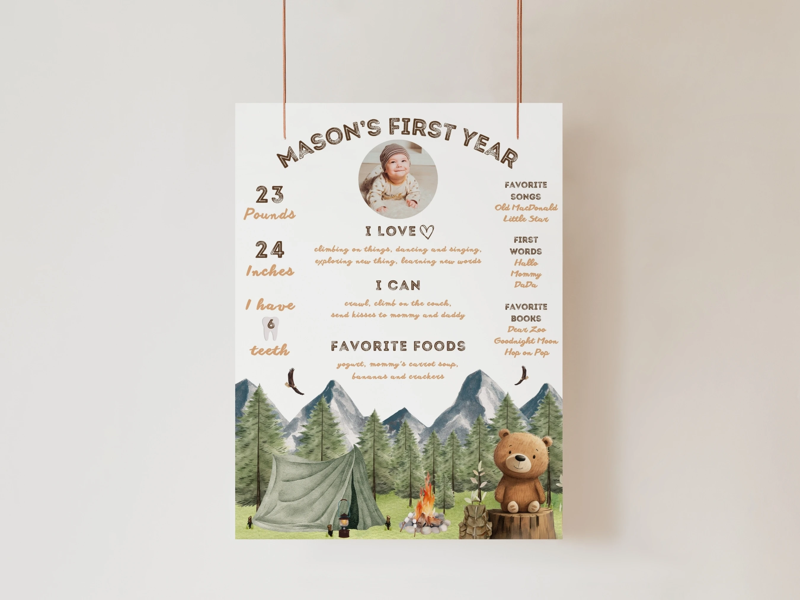 One Happy Camper milestone board and brown bear baby milestone sign in a woodland theme for a first birthday, editable Canva template digital download by fllcdesigns