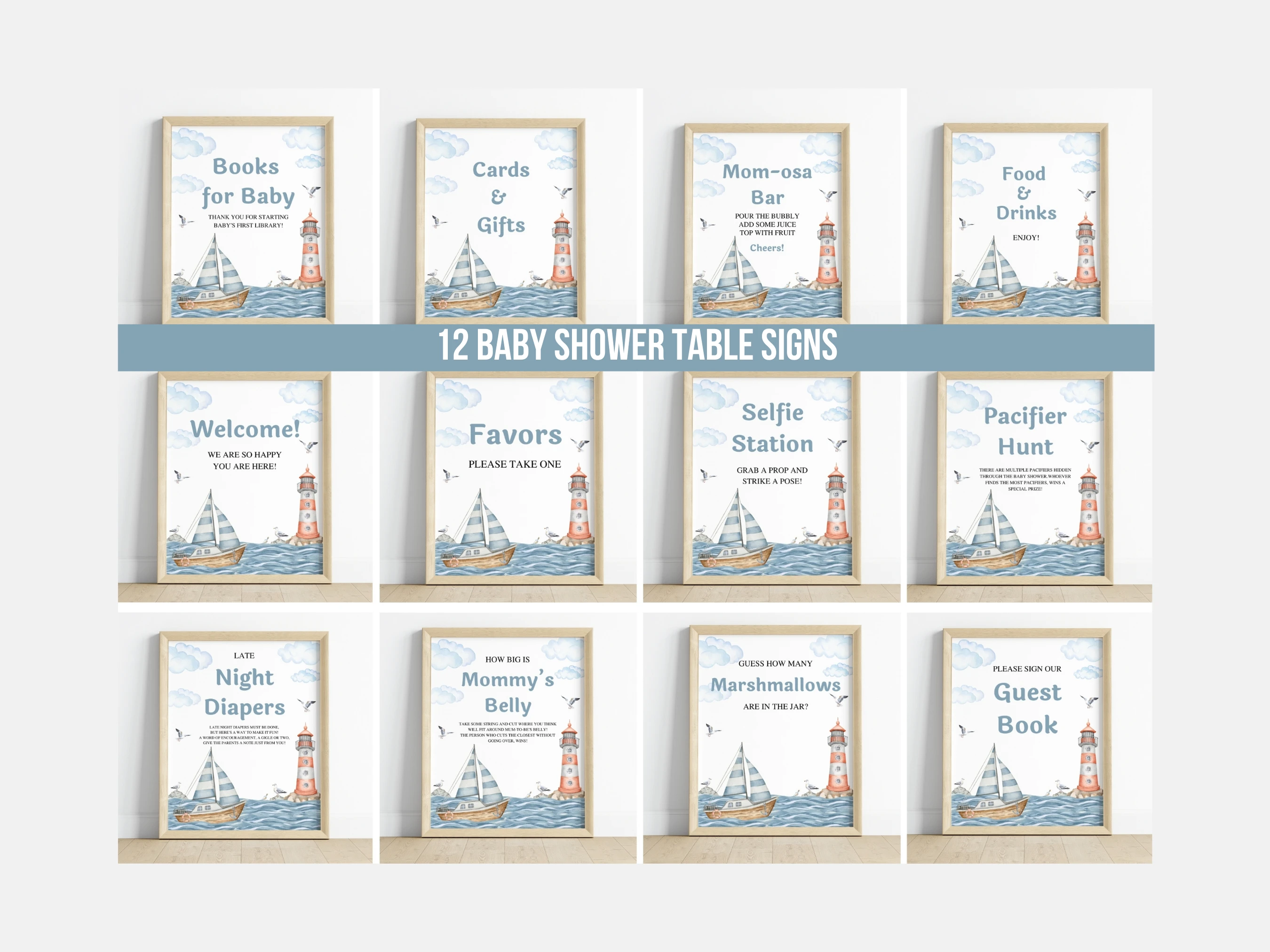 nautical baby shower table sign printable, ahoy its a boy pacifier hunt sign, ocean baby shower diaper raffle sign, sailboat late night diapers baby shower sign, editable baby shower sign Canva
