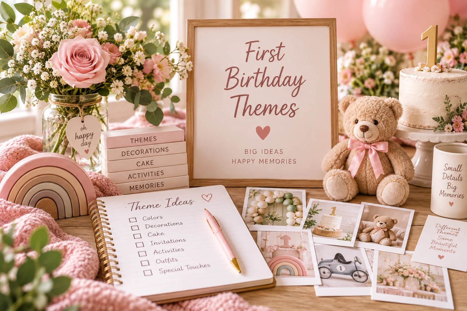 First birthday theme planning scene with flowers, cake, teddy bear, theme ideas and soft pink decorations