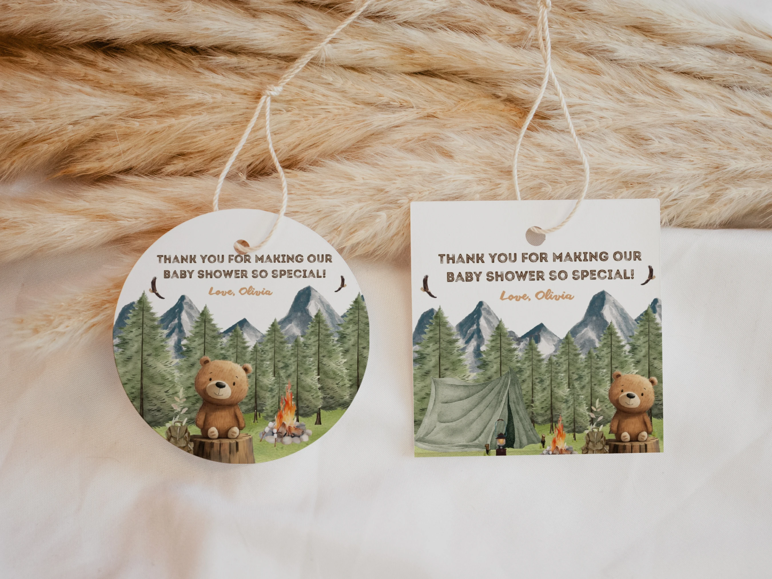 Little Camper Baby Shower Thank You Tags | Adventure Awaits Woodland Bear Favor Tags | Editable Canva Template | Digital Download