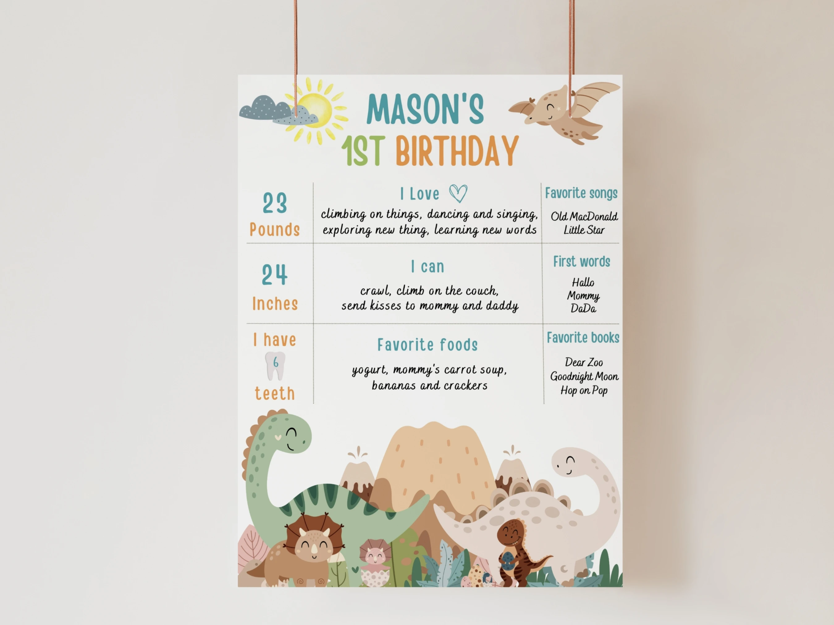 Boy dinosaur milestone board and jurassic baby milestone sign for a dino party first birthday, editable Canva template digital download by fllcdesigns