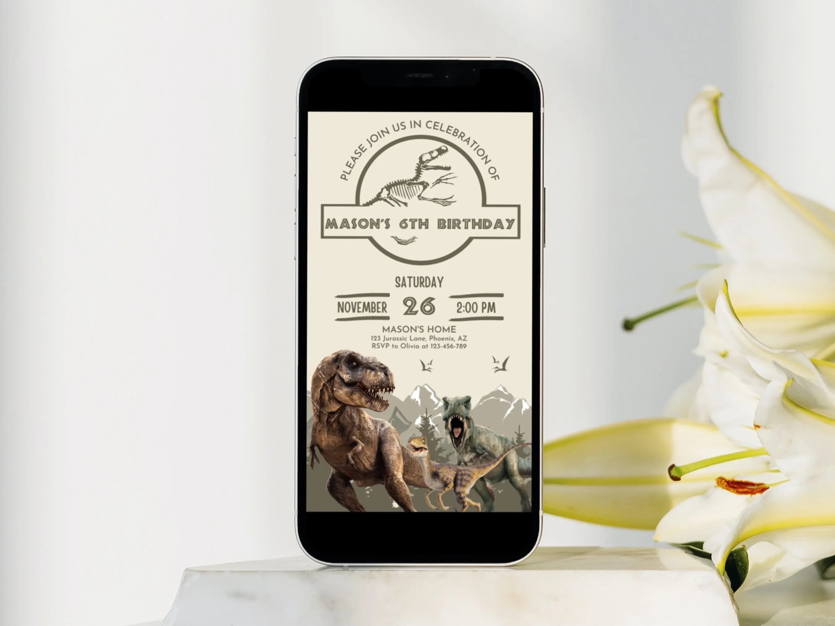 Dinosaur birthday mobile invitation with Jurassic party evite design, editable Canva template, digital download.