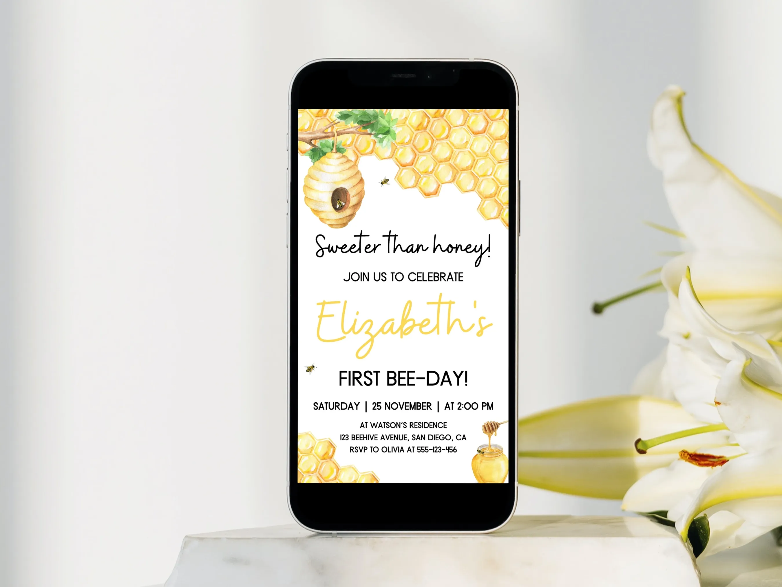 First Bee Day mobile invitation with bumble bee birthday theme, editable Canva template for cute bee party, digital download.