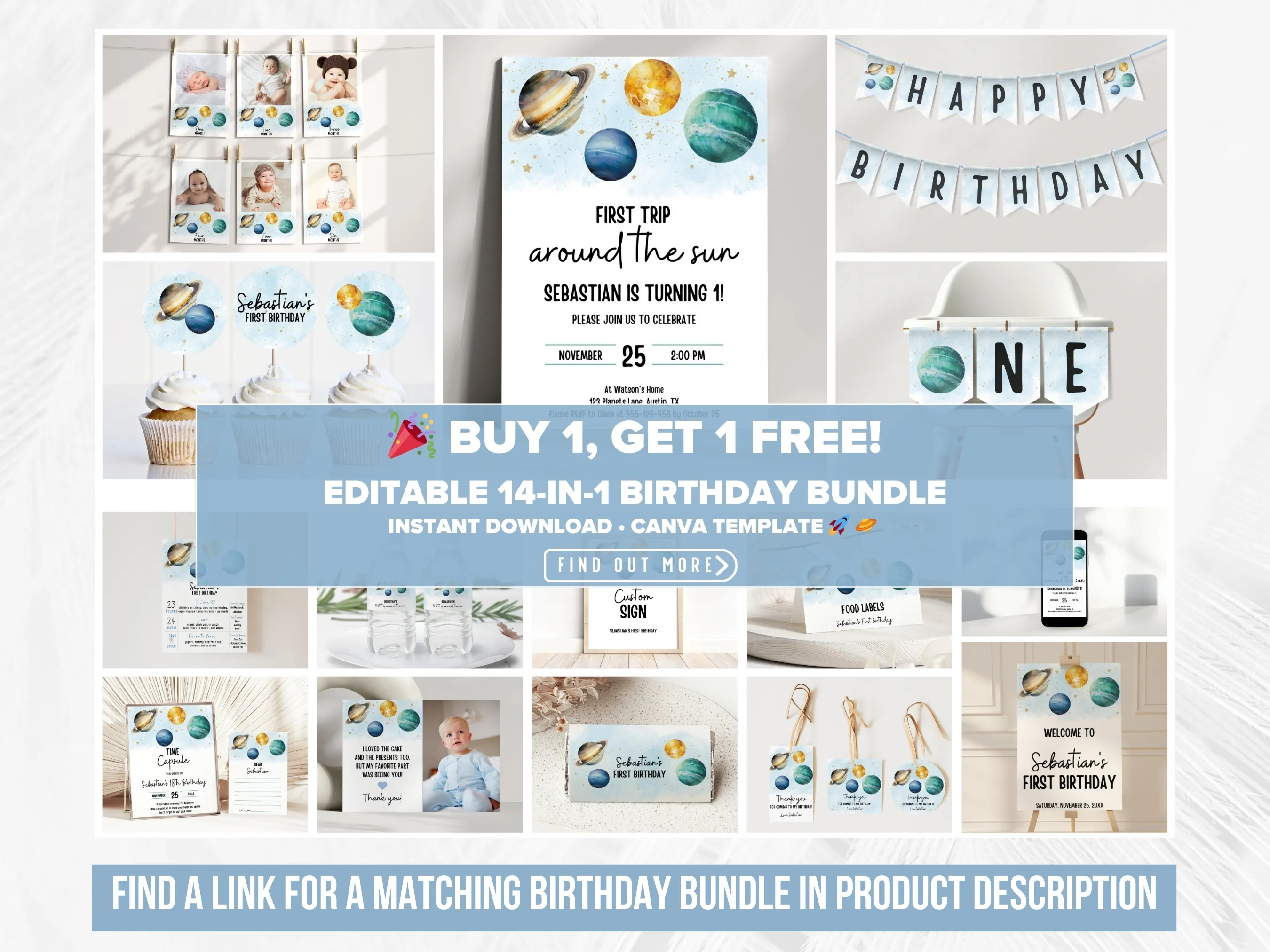 First Trip Around the Sun Water Bottle Labels | Outer Space Bottle Stickers | Space 1st Birthday Bottle Wraps | Editable Canva Template | Digital Download