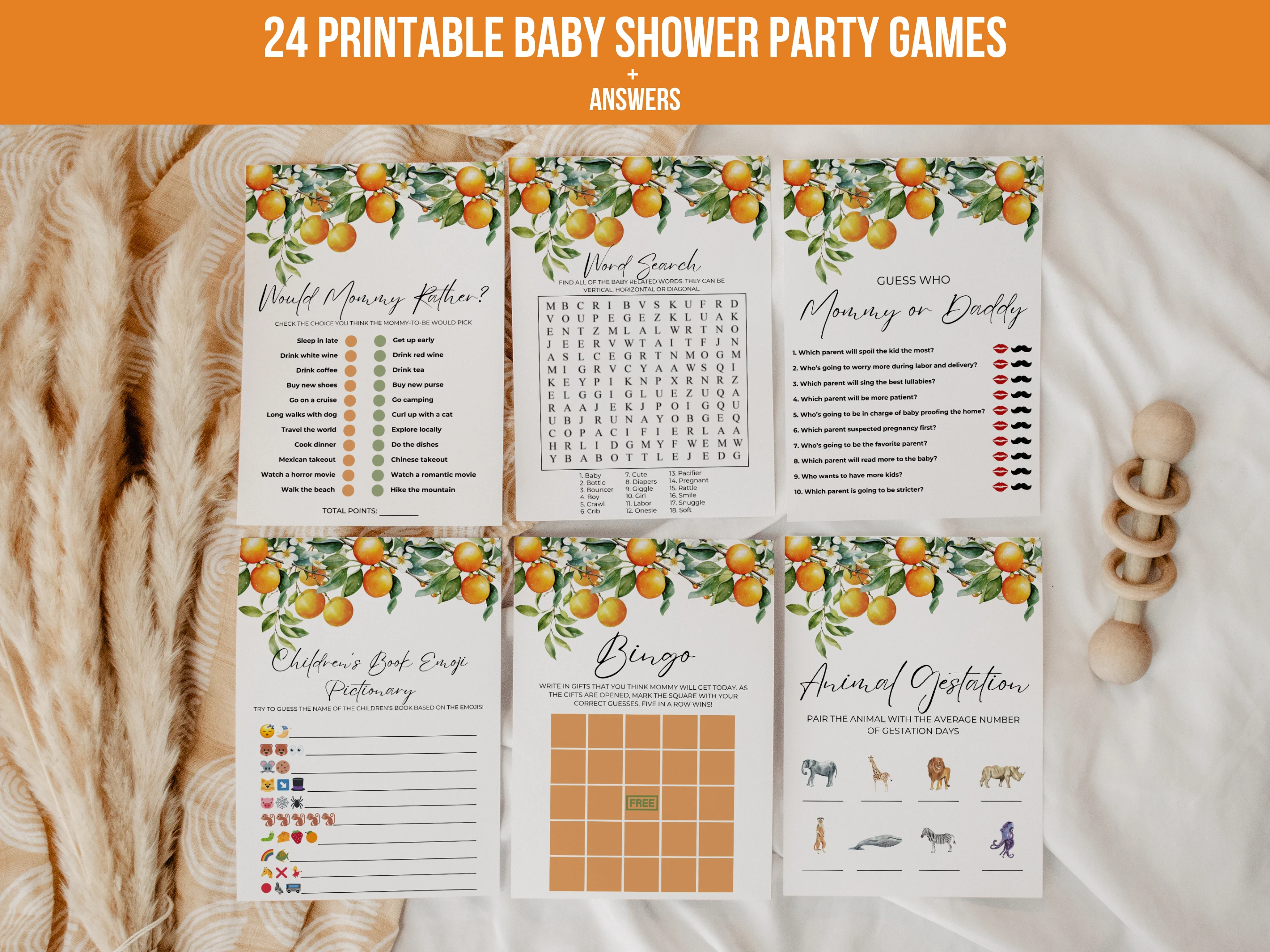 little cutie baby shower games bundle, orange baby shower bingo printable games, clementine baby shower games, 24 printable baby shower games bundle, editable baby shower games Canva