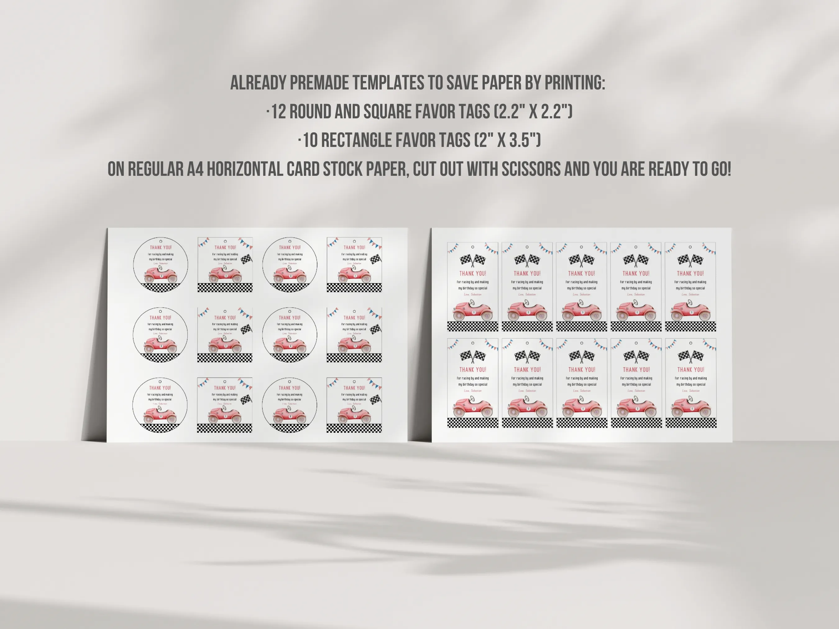Fast One Birthday Thank You Tags | Red Vintage Race Car Gift Tags | Racing Party Favor Labels | Editable Canva Template | Digital Download