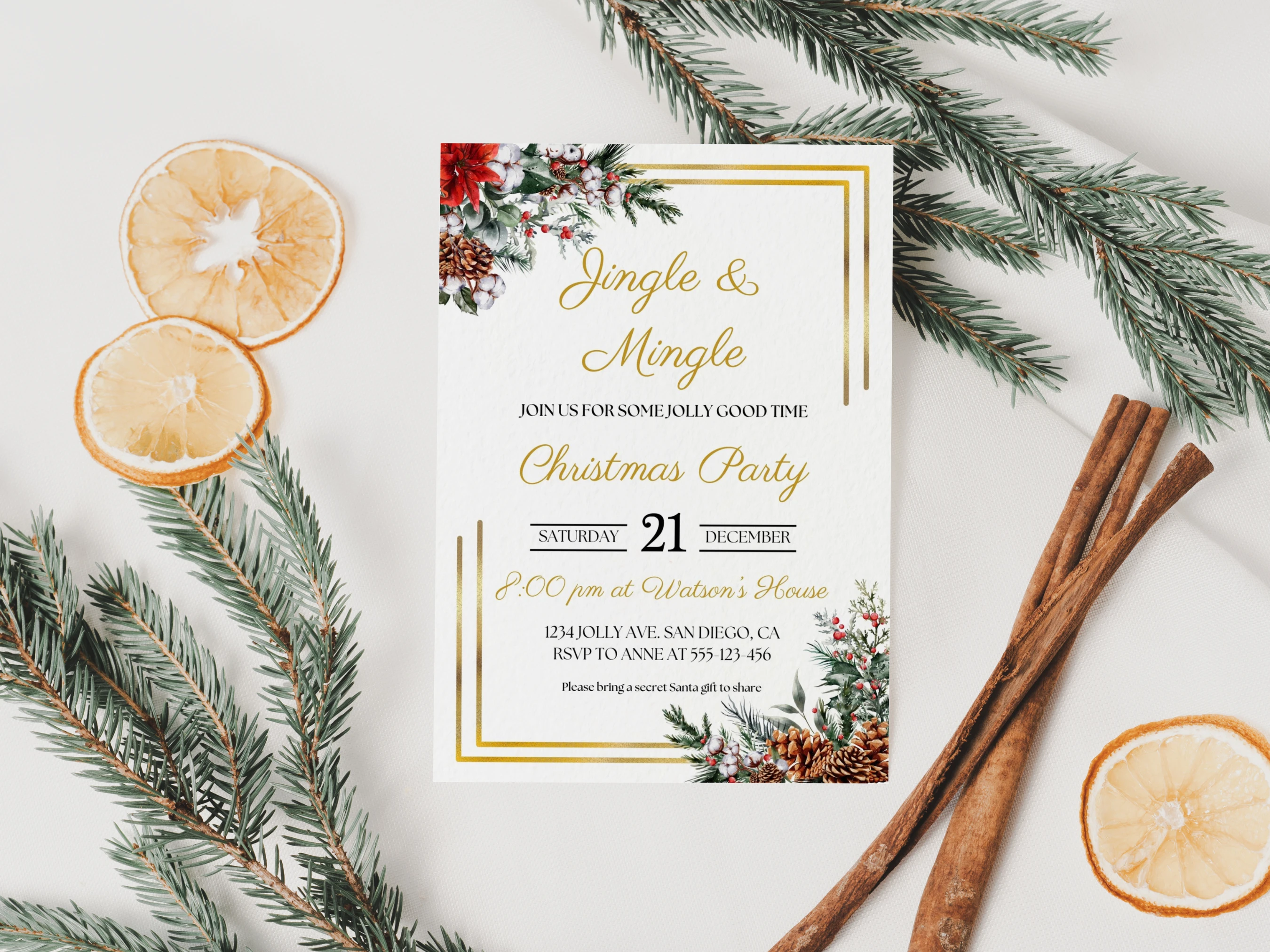 Golden frame Christmas dinner party invitation with festive greenery, red berries, pinecones and elegant gold lettering