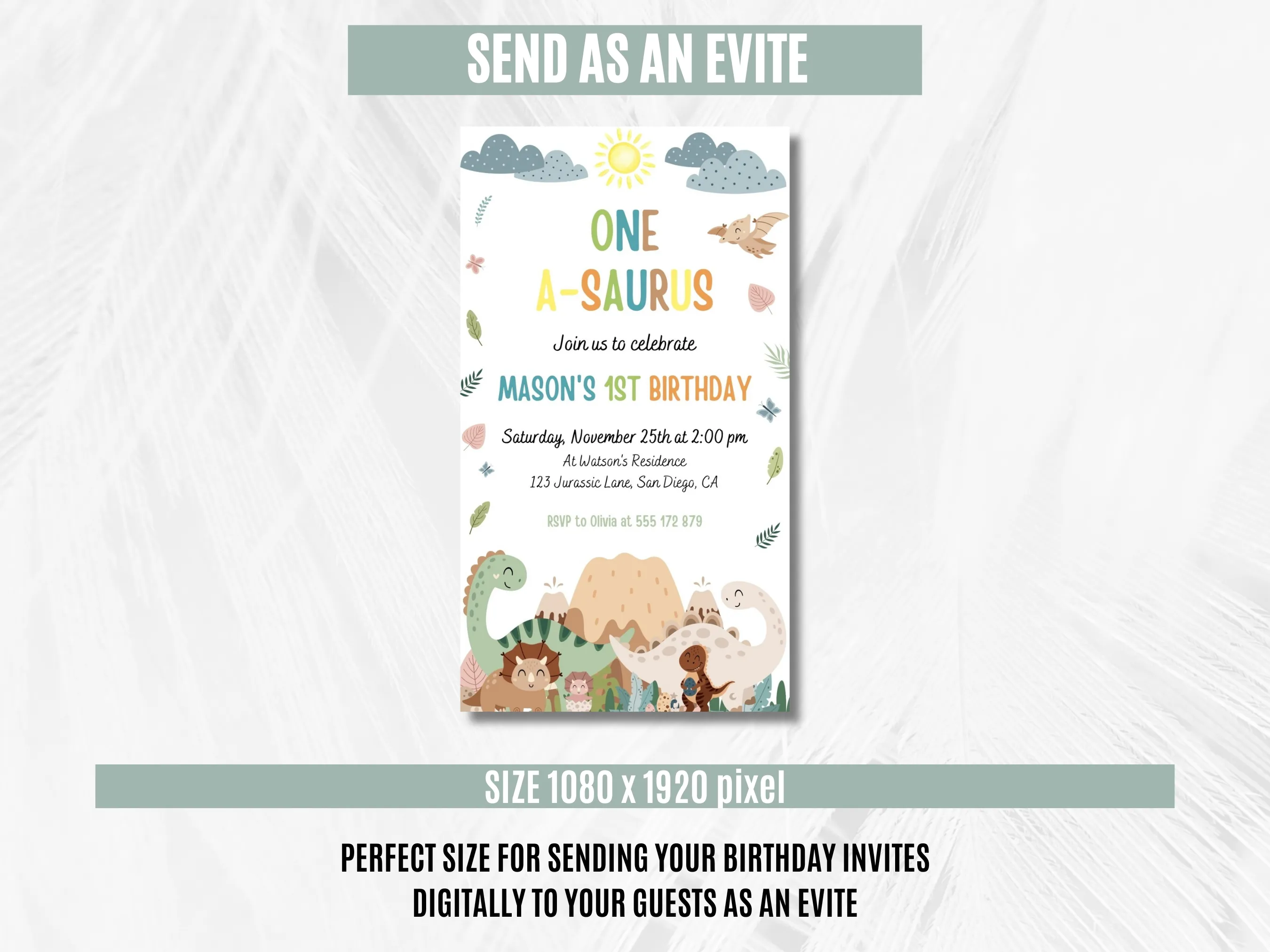 Baby Boy Dinosaur 1st Birthday Evite | Dino Party Mobile Invitation | Editable Canva Template | Digital Download