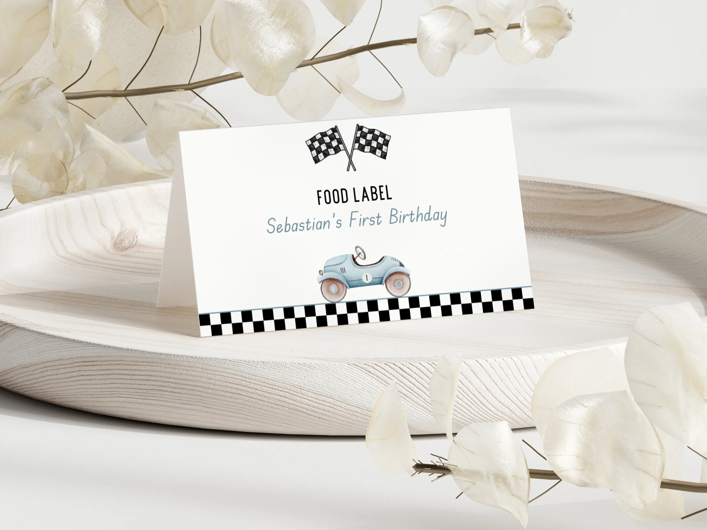 Fast One birthday food tent cards with blue vintage race car design, editable table labels and name tags by fllcdesigns
