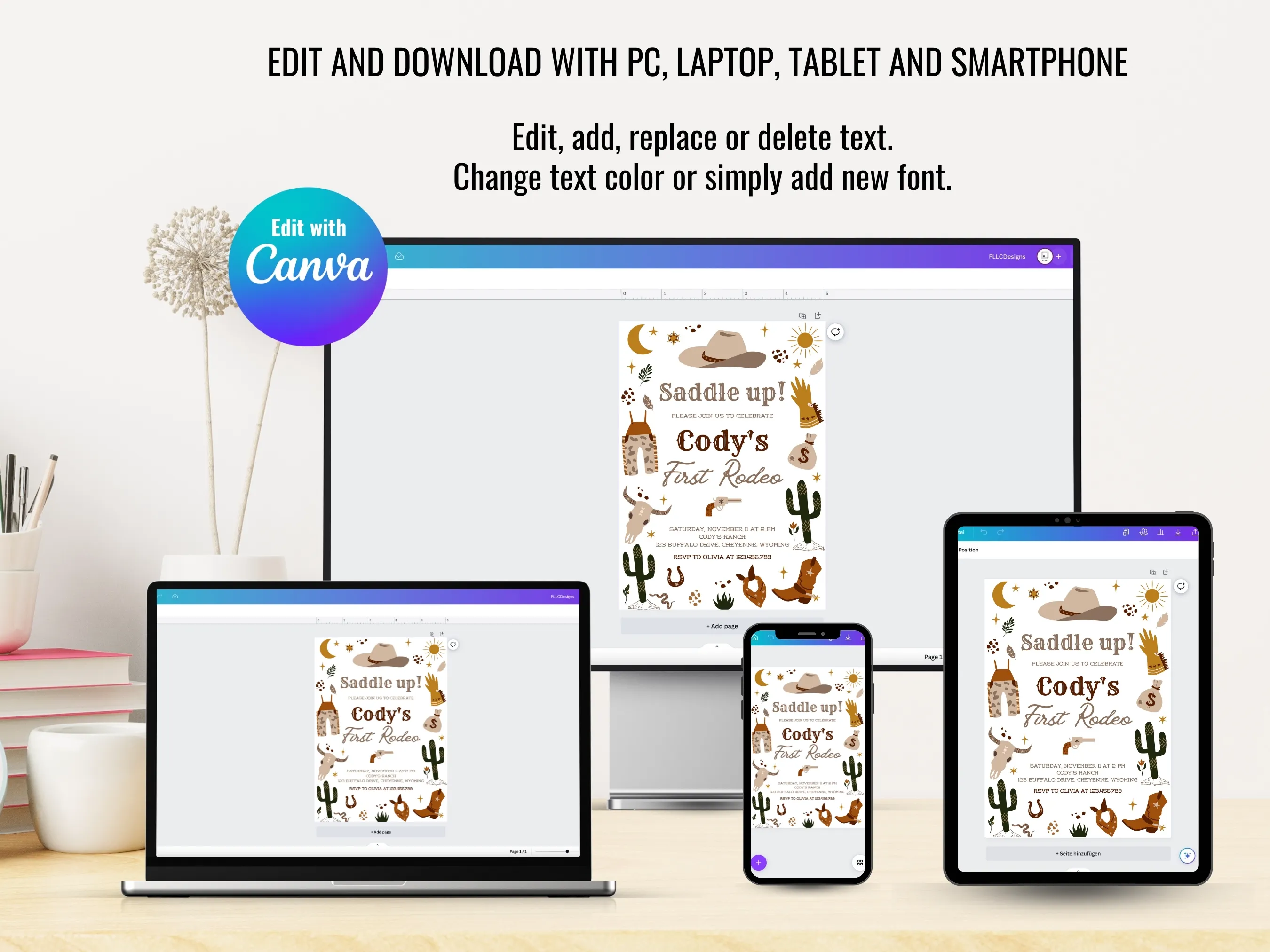 My First Rodeo Birthday Decor Bundle | Cowboy Party Invitation | Editable Canva Template | Digital Download