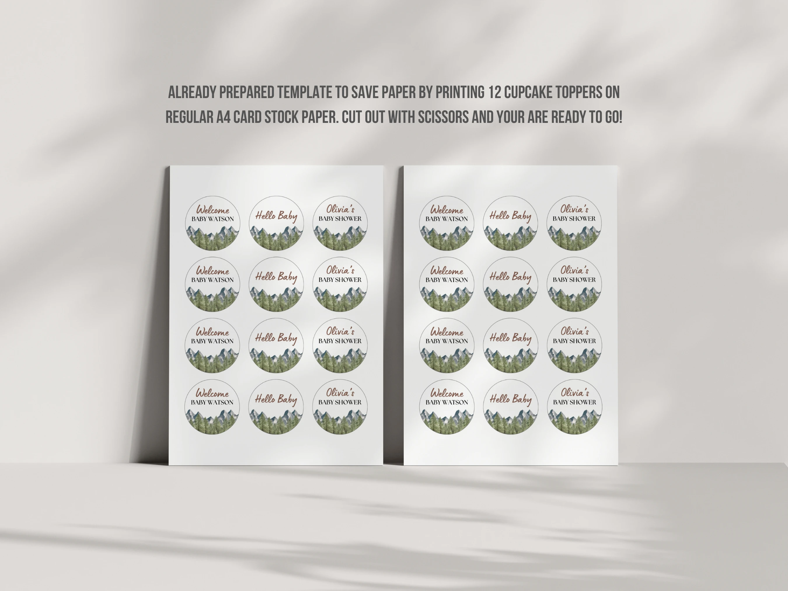 Adventure Awaits Baby Shower Cupcake Toppers | Woodland Forest Mountains Cake Topper | Editable Canva Template | Digital Download
