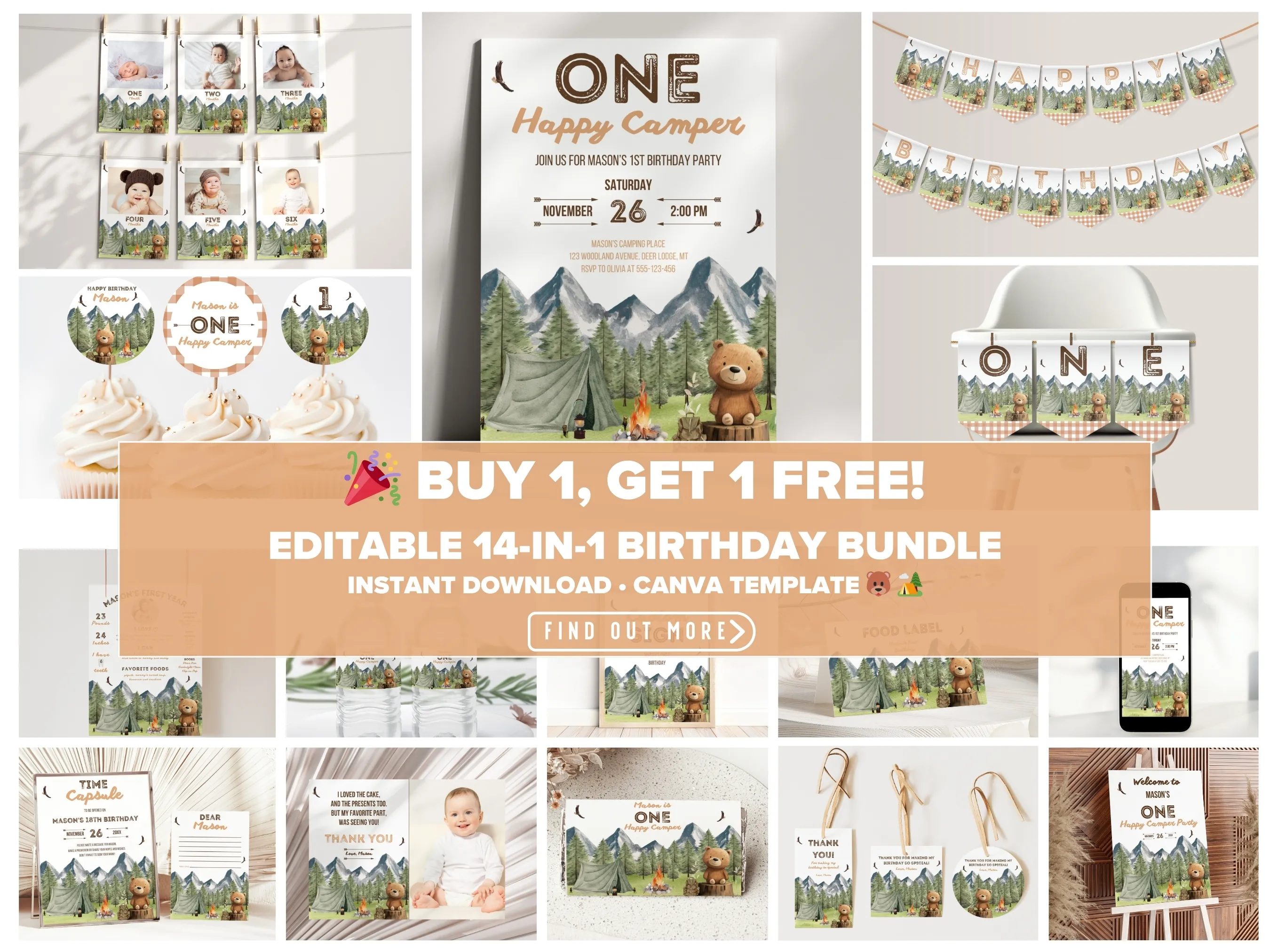 One Happy Camper birthday bundle — teddy bear camping theme editable Canva templates for boy’s first birthday invitations, signs & decorations (digital download)
