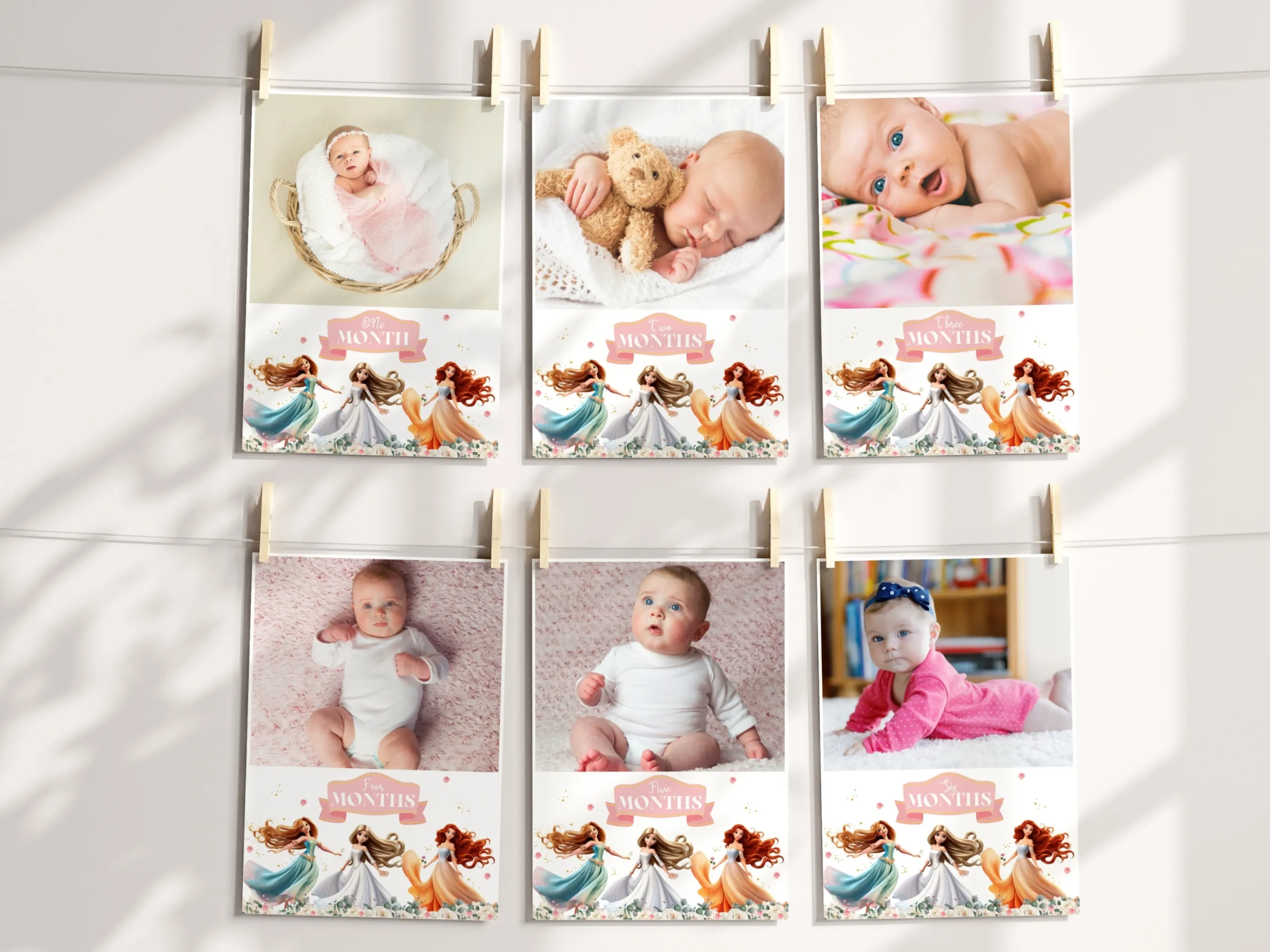 Princess birthday monthly photo banner with royal celebration milestone cards, editable Canva template for personalized princess-themed birthday decorations, digital download.