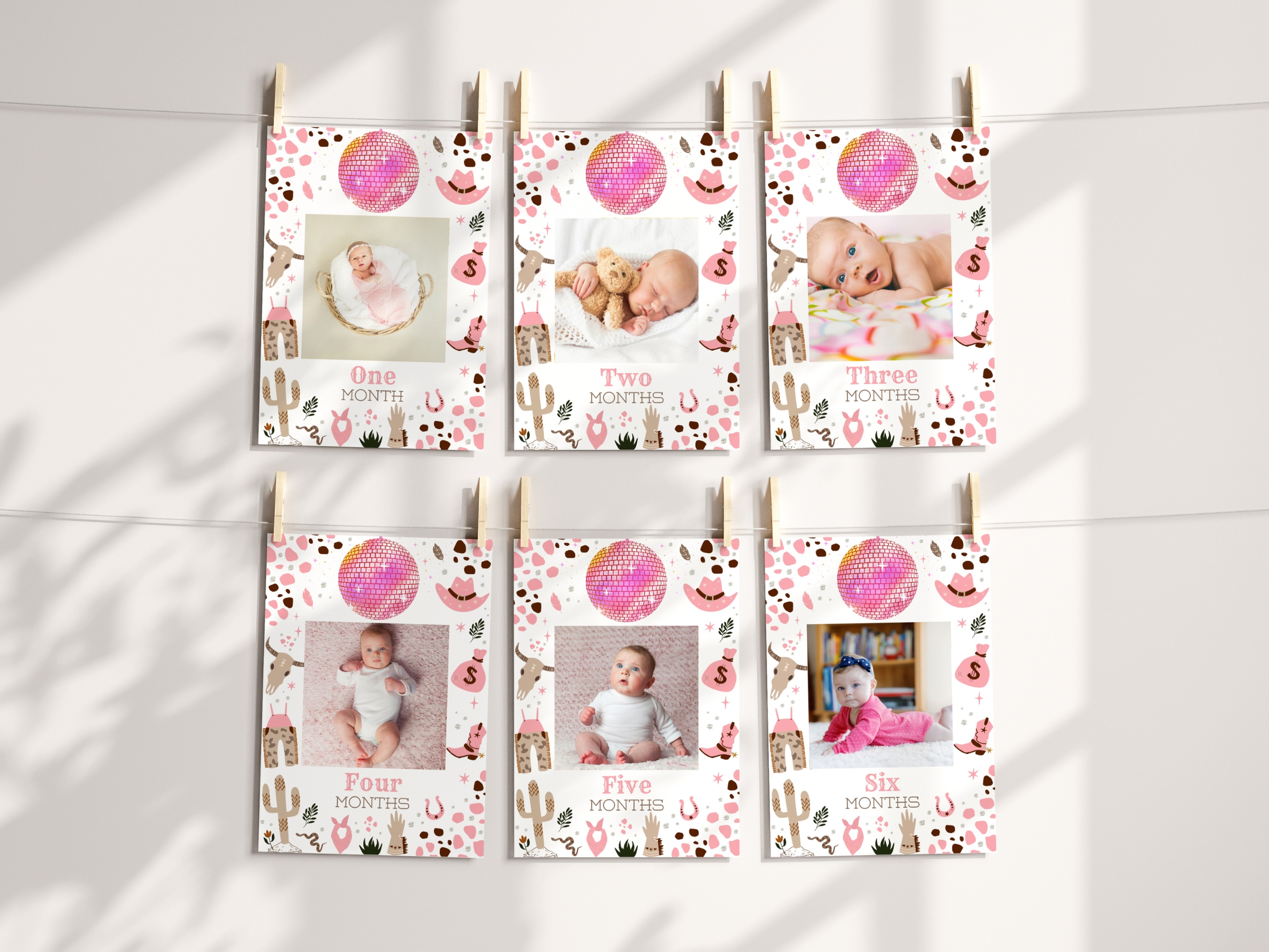 Space Cowgirl First Rodeo birthday photo banner with disco cowgirl baby milestone cards, editable Canva template for personalized western-themed birthday decorations, digital download.