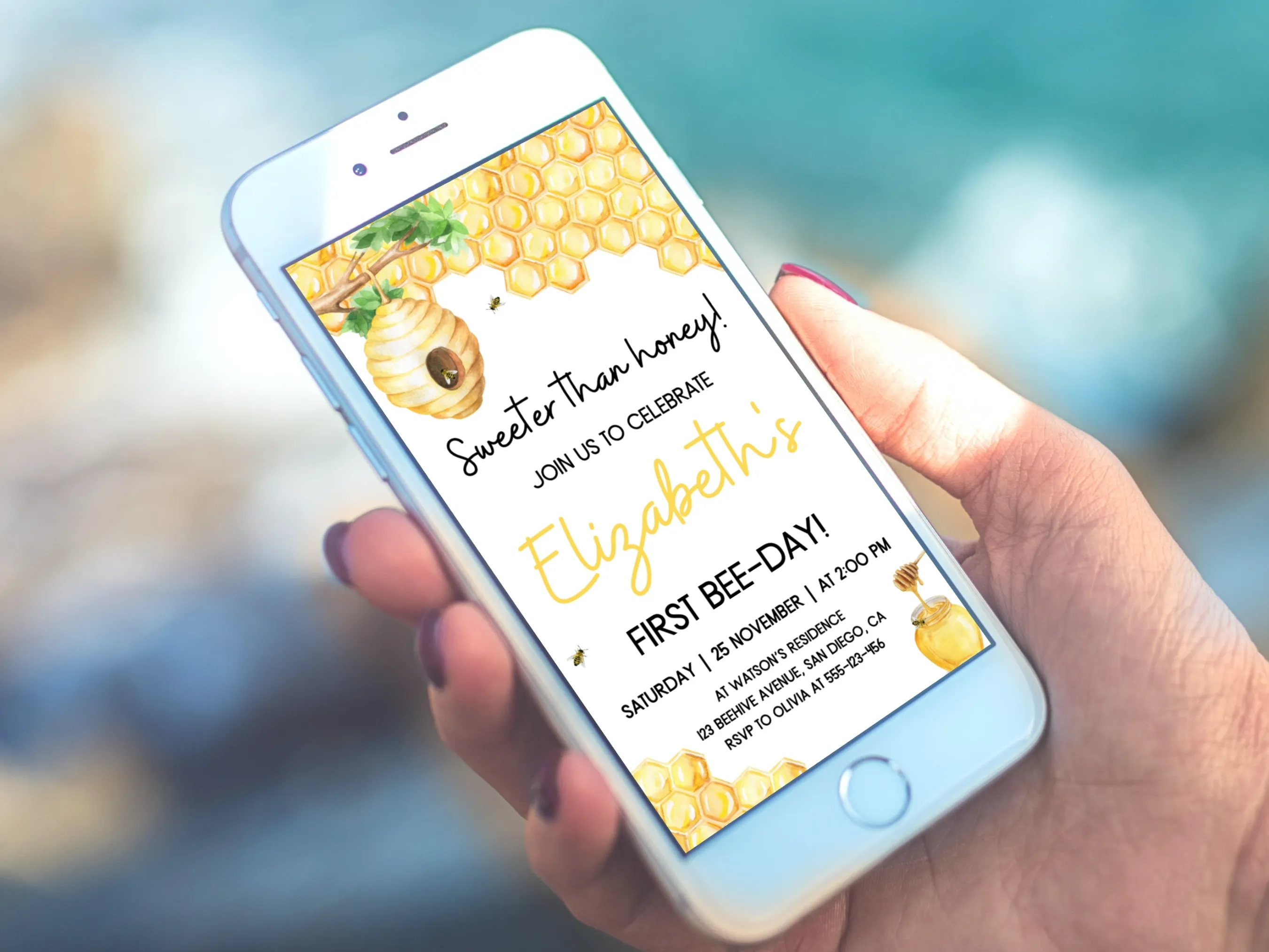 First Bee Day Mobile Invitation | Bumble Bee Birthday Evite | Editable Canva Template | Digital Download