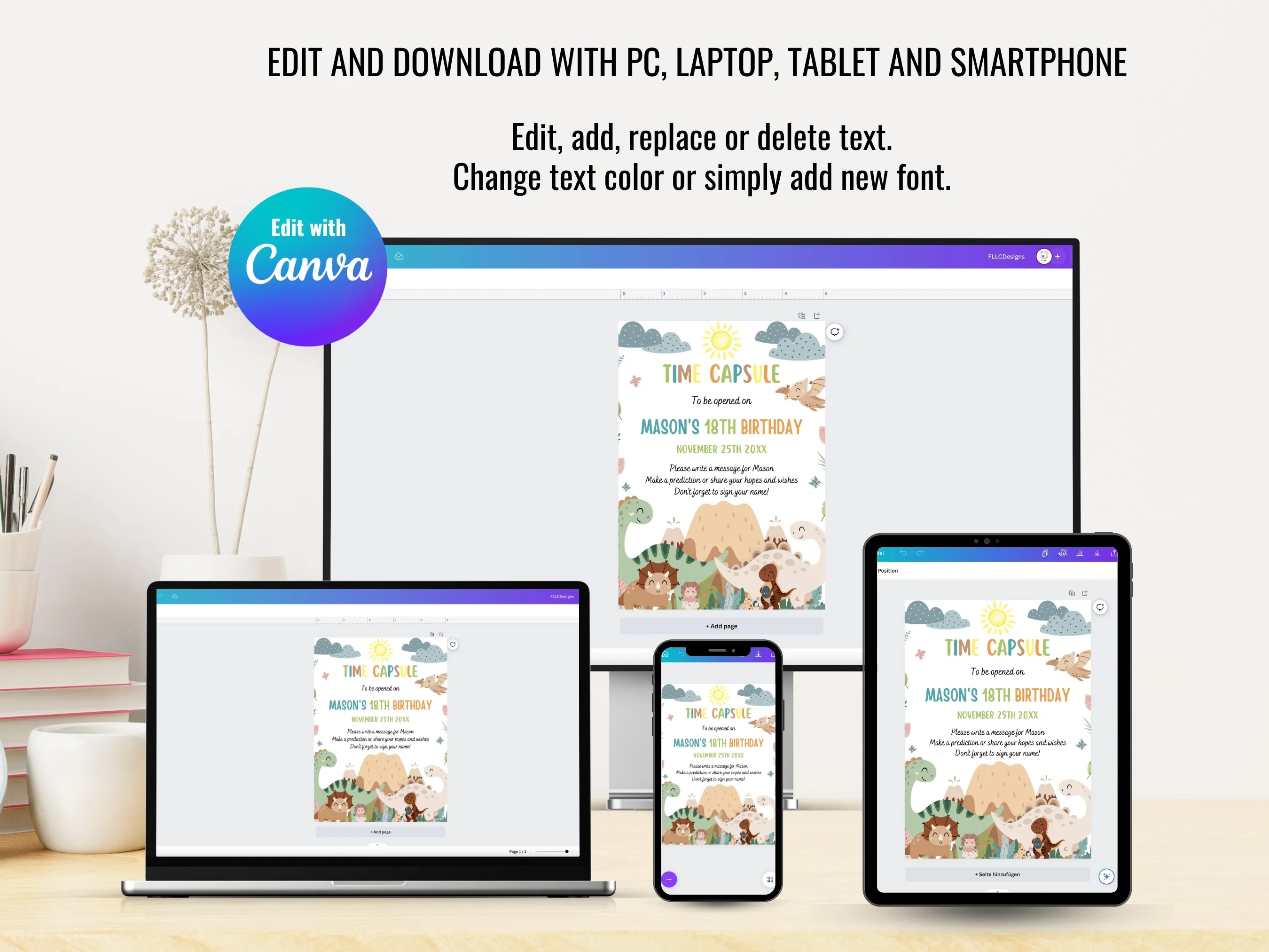 Baby Dinosaur Birthday Time Capsule Sign & Wishes Card | Jurassic 1st Birthday Guest Book | Editable Canva Template | Digital Download