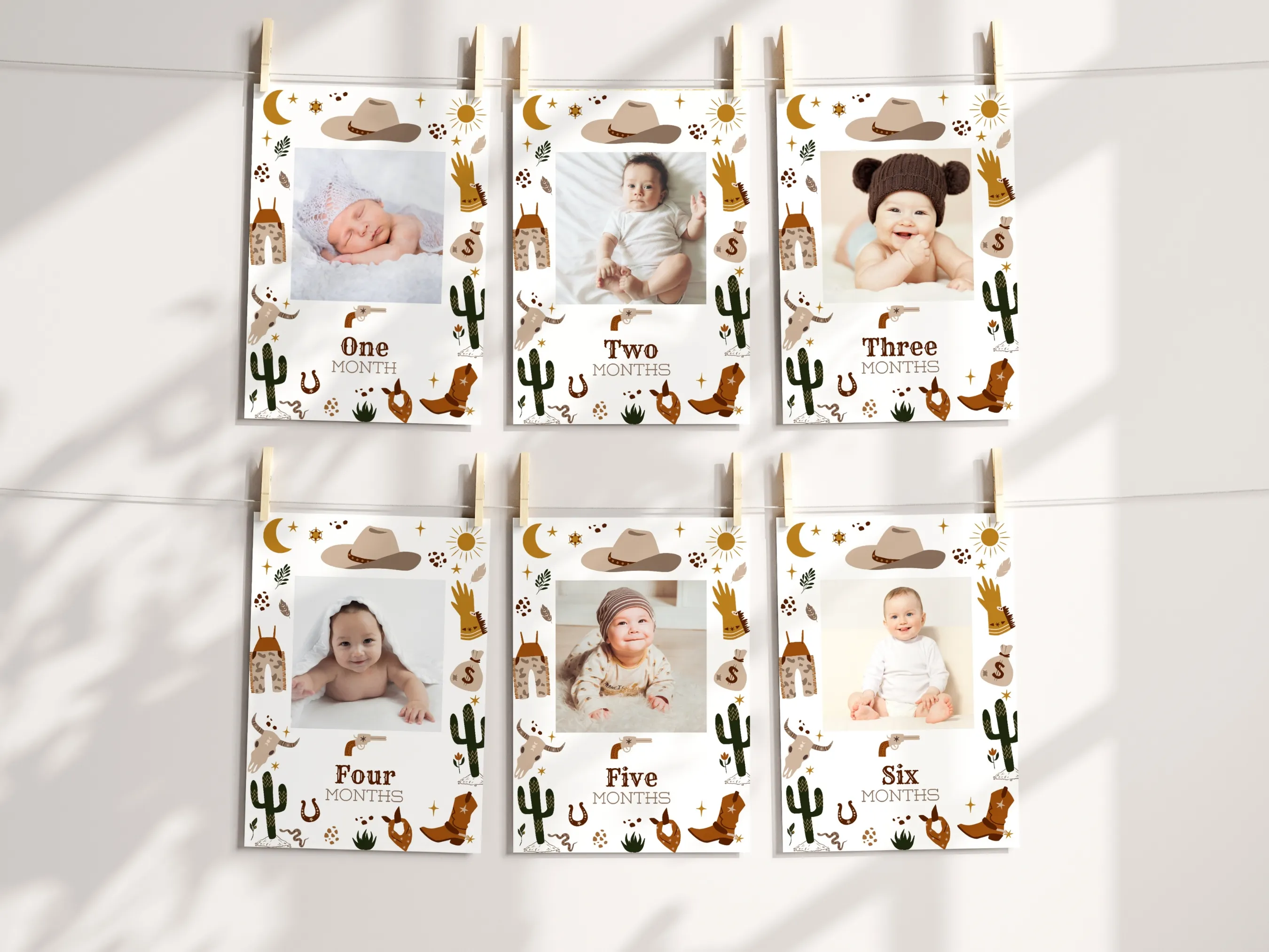 My First Rodeo birthday photo banner with 1st birthday milestone cards, editable Canva template for personalized western-themed birthday decorations, digital download.