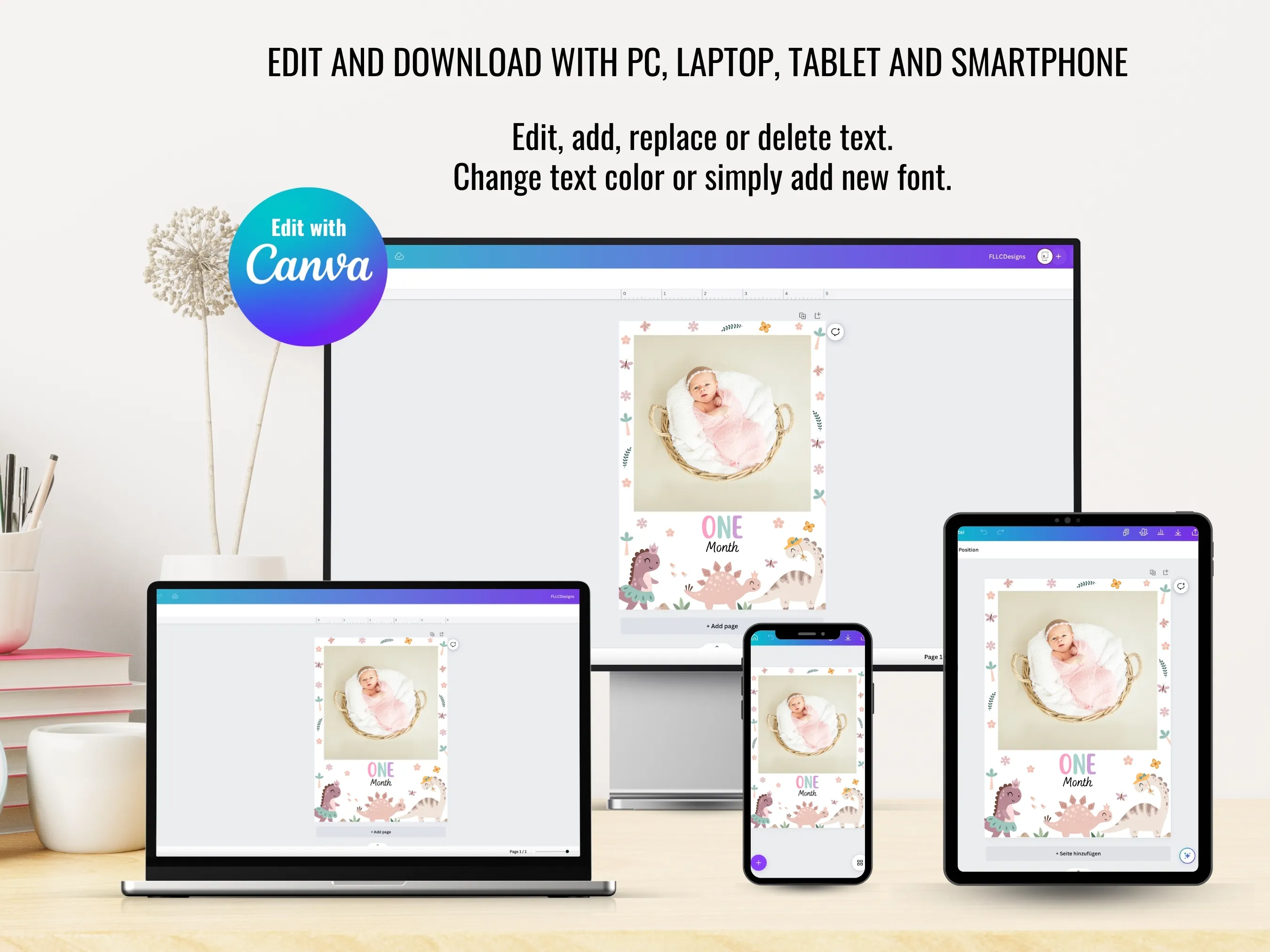 Girl Dinosaur Birthday Photo Banner | Dino 1st Birthday Baby Milestone Cards | Editable Canva Template | Digital Download