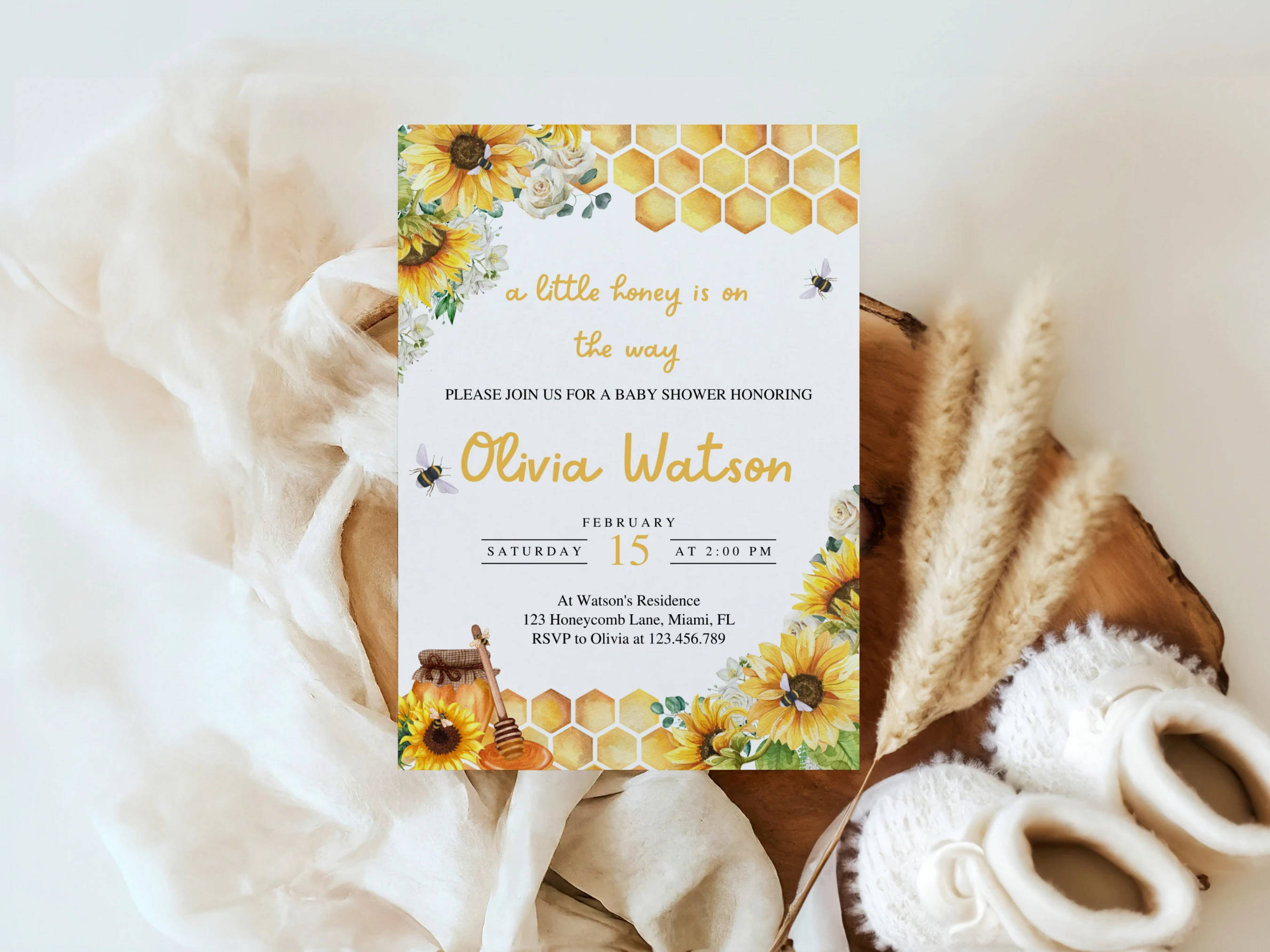 Sunflower Honey Bee Baby Shower Invitation Set | Bumble Bee Yellow Starter Pack For Baby Girl | Editable Canva Template | Digital Download