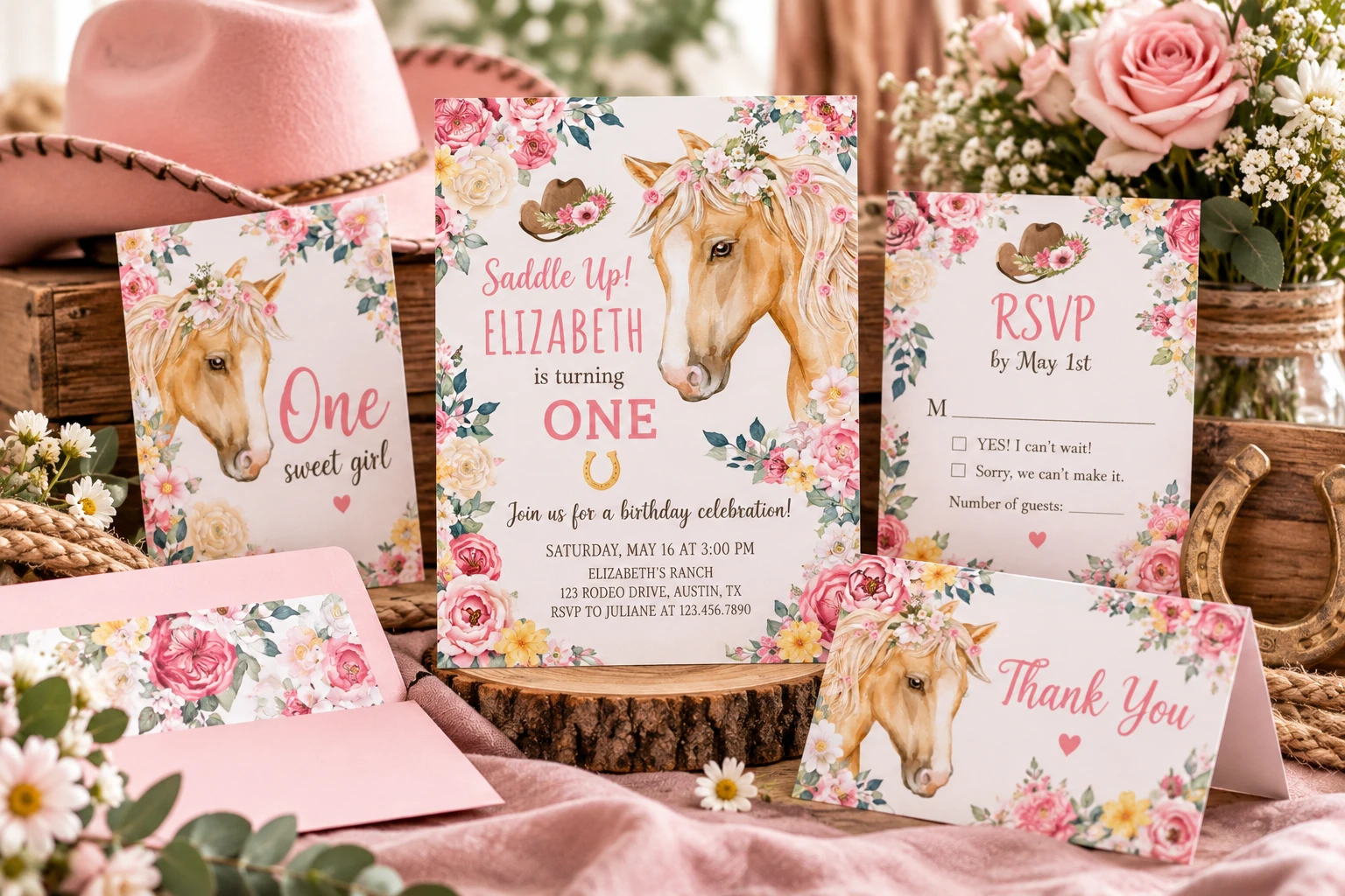 Floral horse first birthday invitation suite with matching RSVP card, envelope, thank-you card and pink western decorations