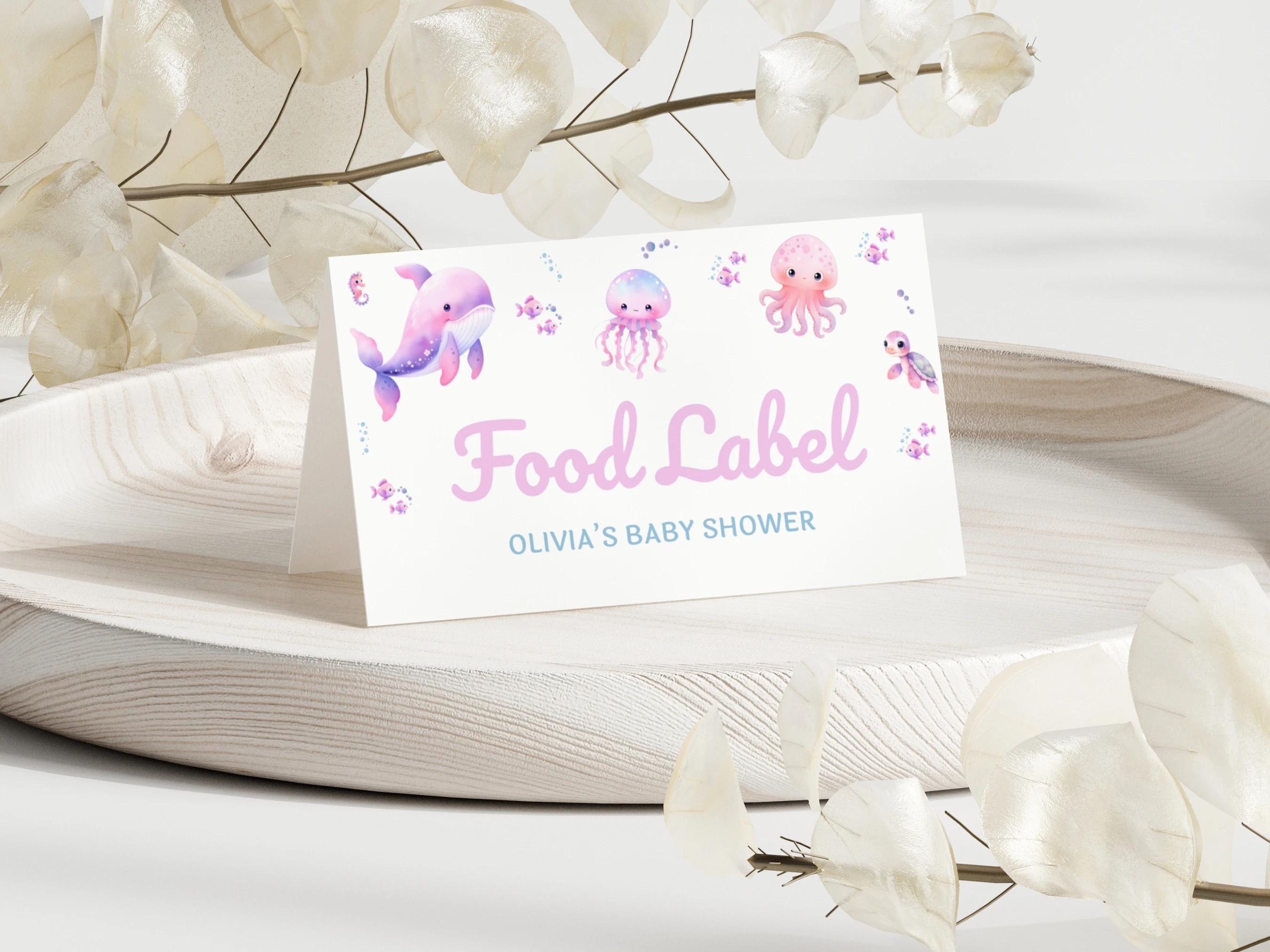 under the sea baby shower place cards ocean animals pink baby girl seating cards canva template digital download, ocean animals baby shower seating cards pink girl decorations canva template