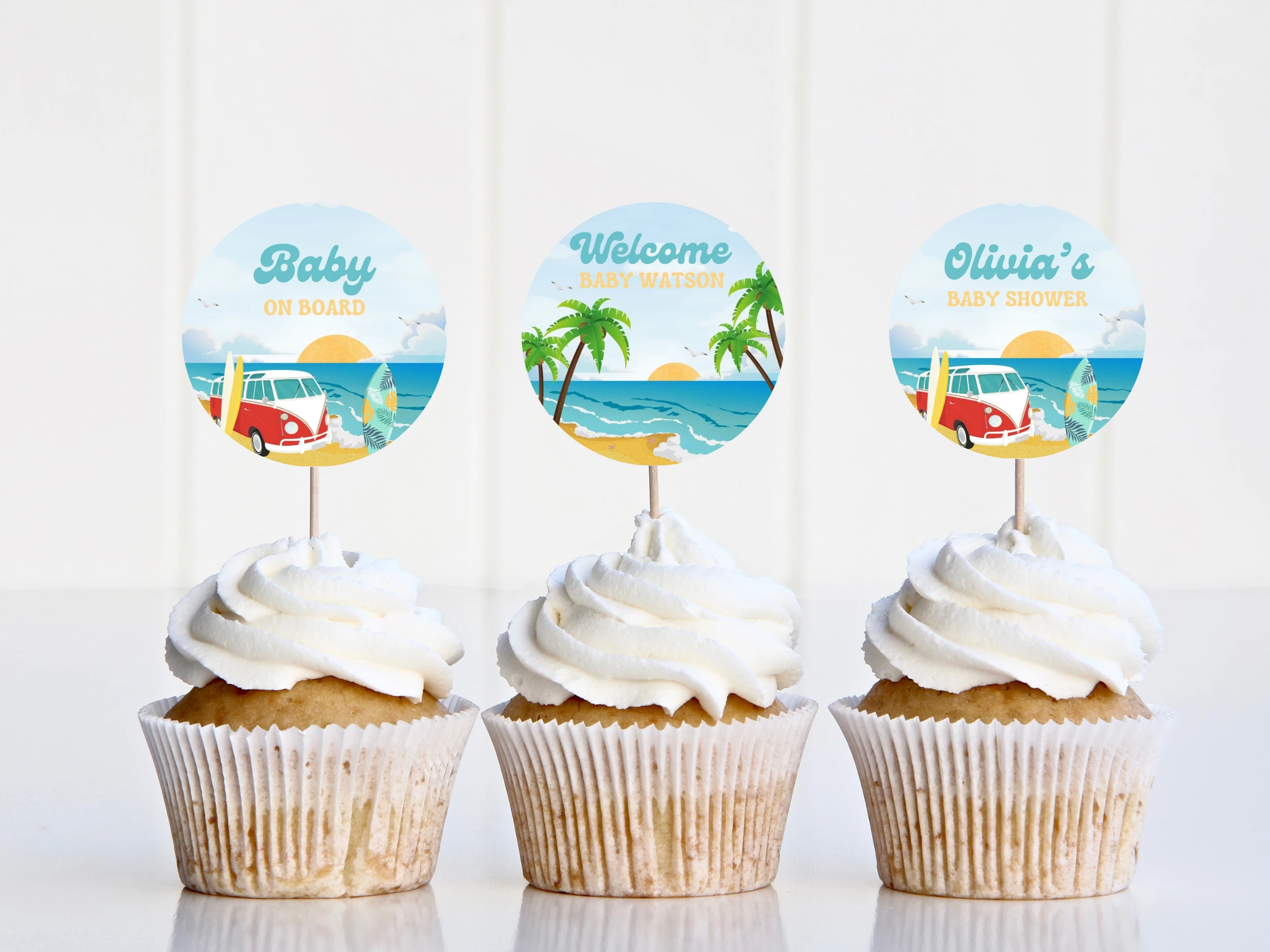 Surf Baby Shower Cupcake Toppers | Baby On Board Ocean Tropical Cake Topper | Editable Canva Template | Digital Download