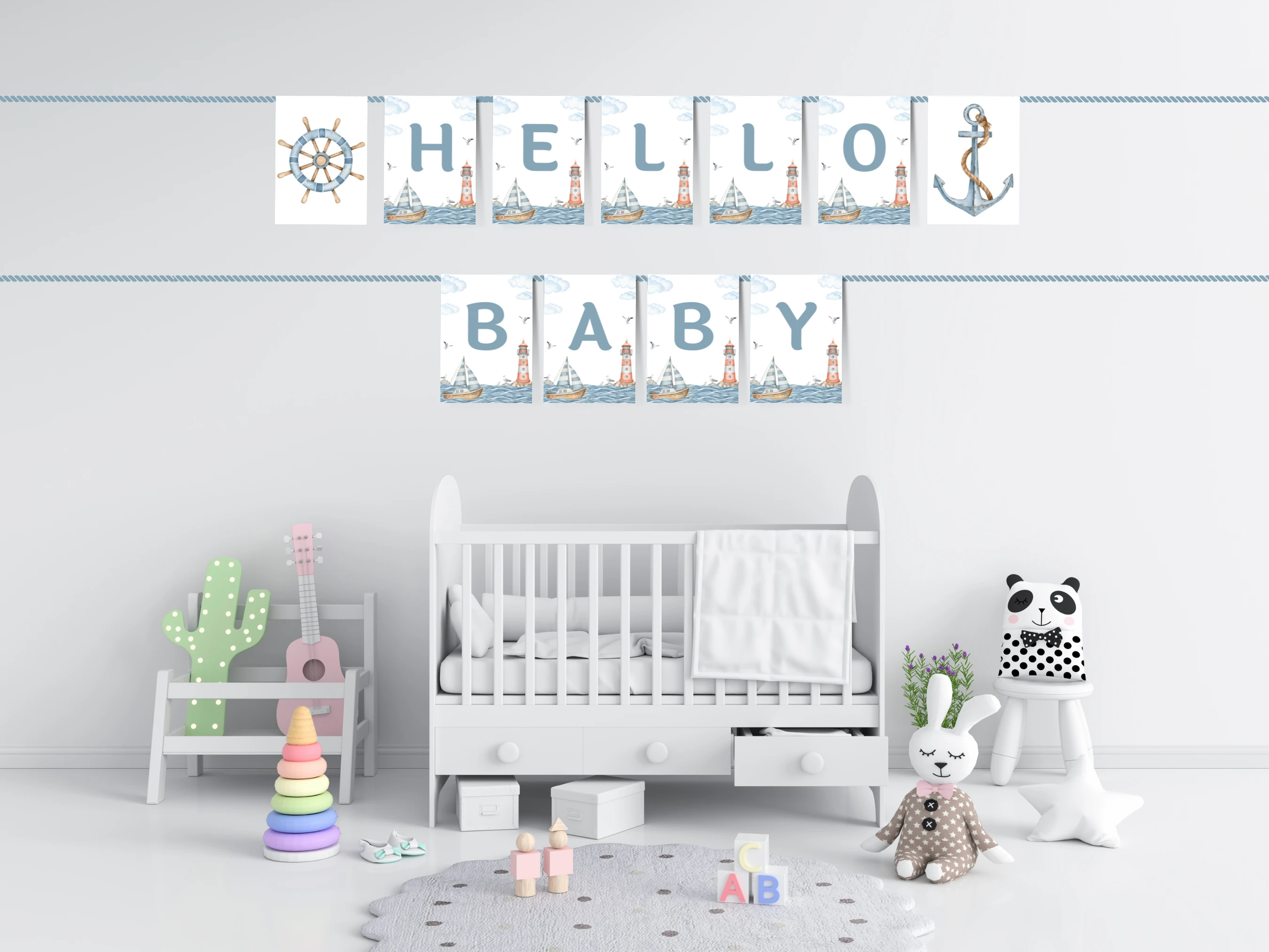 nautical baby shower banner, ahoy it's a boy baby shower welcome garland, ocean baby shower banner printable, sailboat baby shower banner, editable baby shower banner Canva