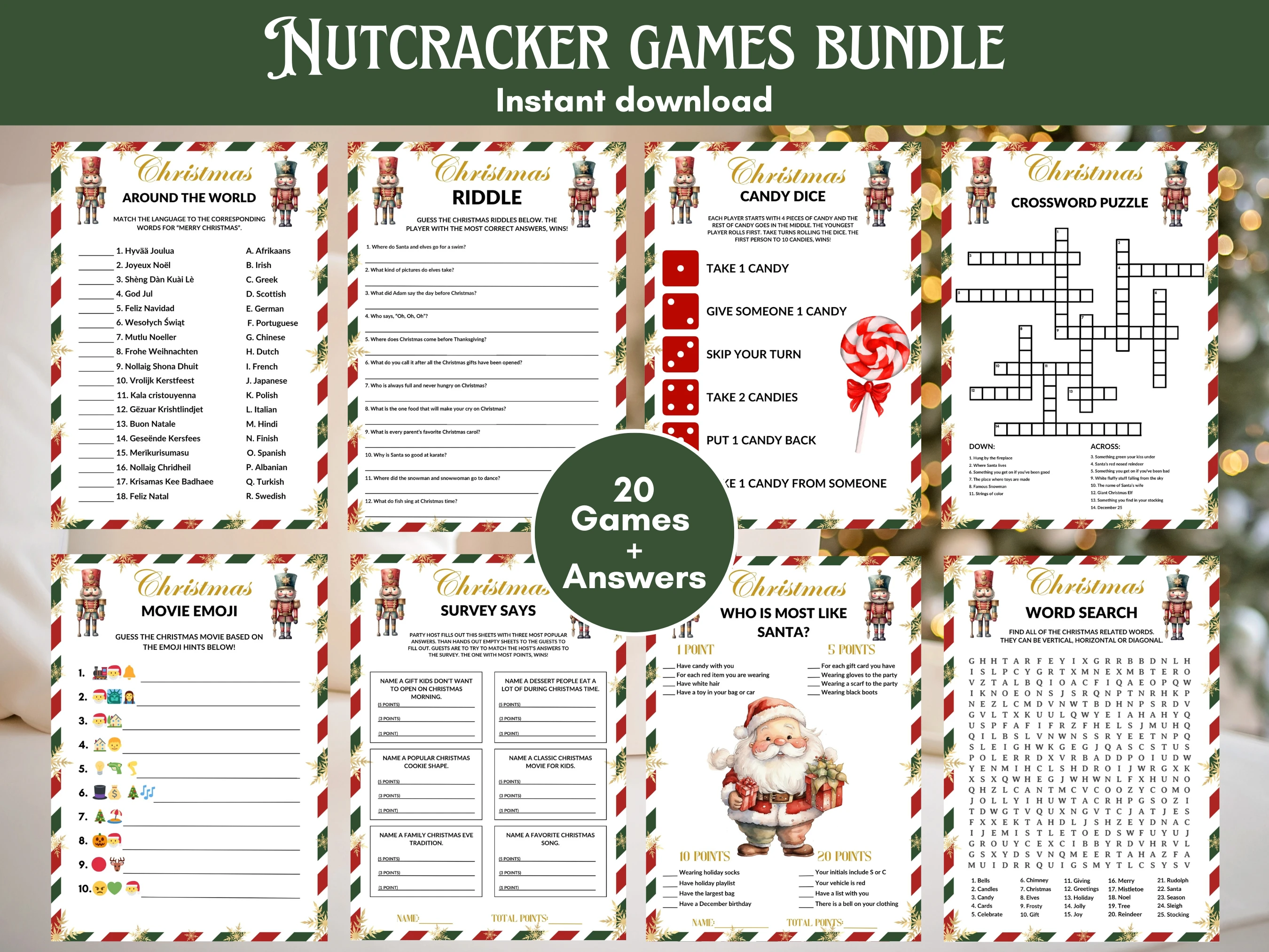 Nutcracker Christmas games bundle with 20 printable family party games including Christmas trivia, crossword, word search, movie emoji, riddles, candy dice and answer sheets