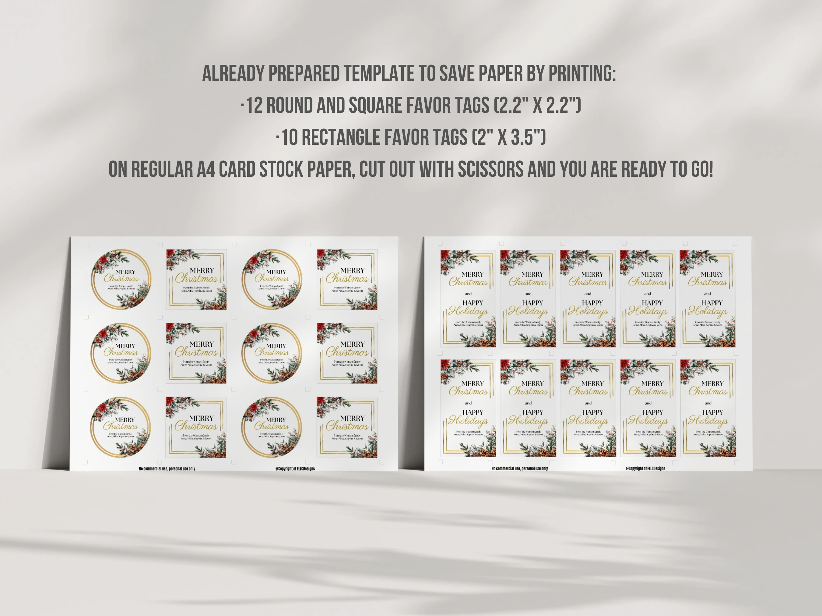 Merry Christmas Gift Tags | Golden Greenery Holiday Favor Labels | Editable Canva Template | Digital Download