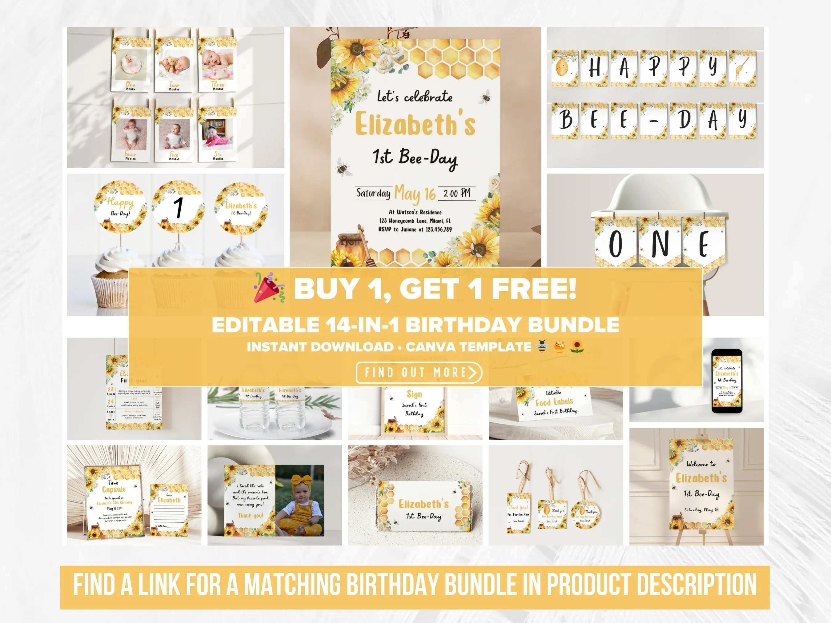 Sunflower Bee 1st Birthday Mobile Invitation | Bumble Bee Evite | Editable Canva Template | Digital Download