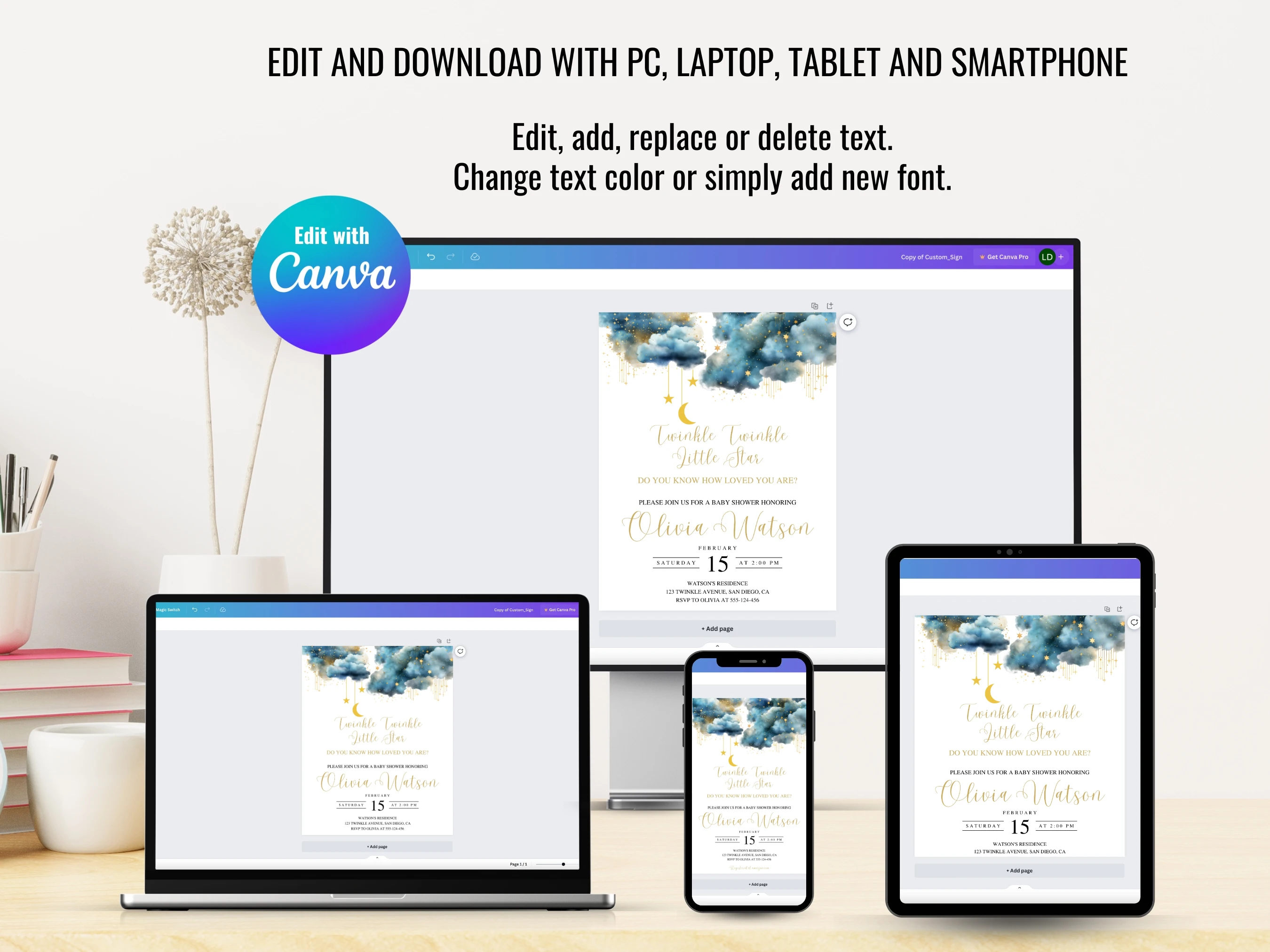 Twinkle Little Star Baby Shower Invitation Set | Over The Moon Blue Gold Starter Pack | Editable Canva Template | Digital Download
