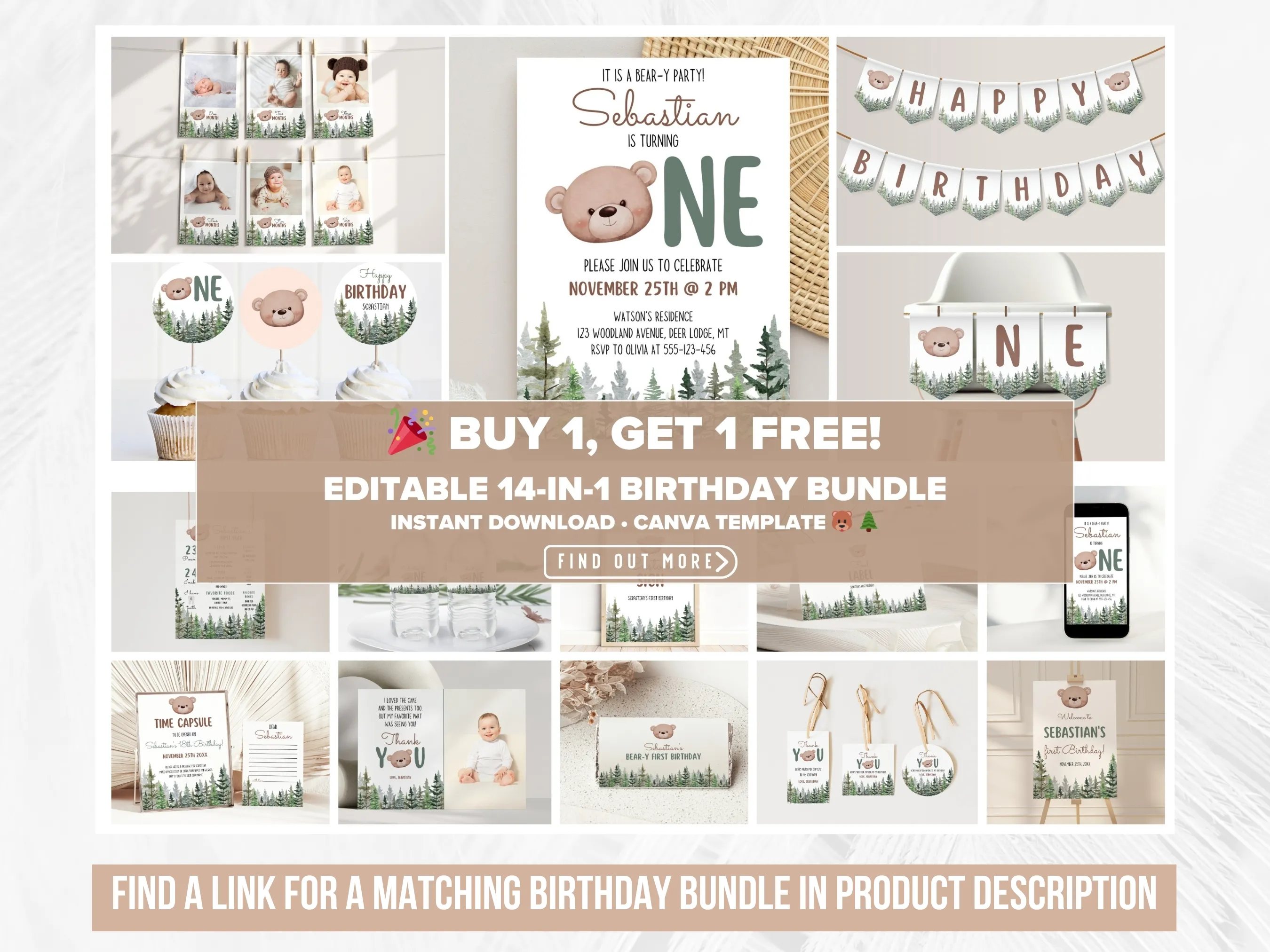 Woodland Brown Bear Birthday Evite | Teddy Bear Party Mobile Invitation | Editable Canva Template | Digital Download