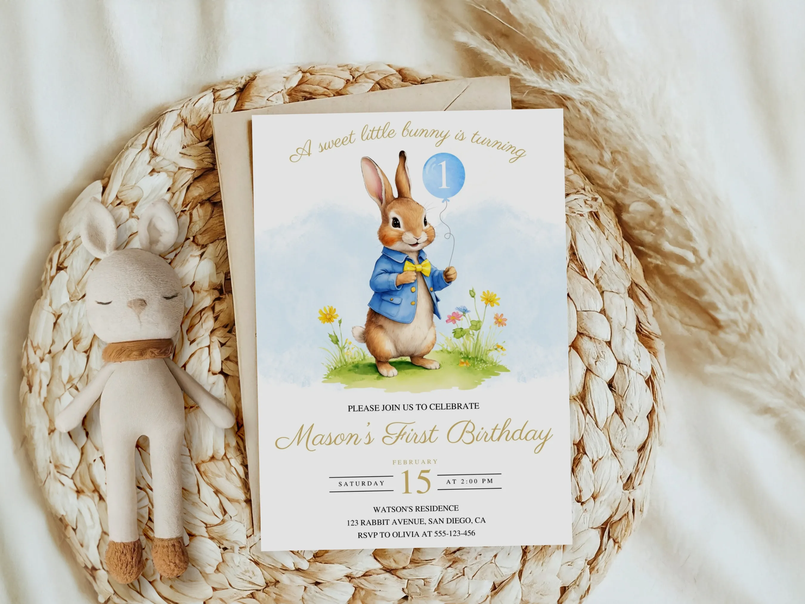Peter Rabbit birthday invitation with Flopsy Bunny theme, cute blue 1st birthday design for boys, editable Canva template, digital download.