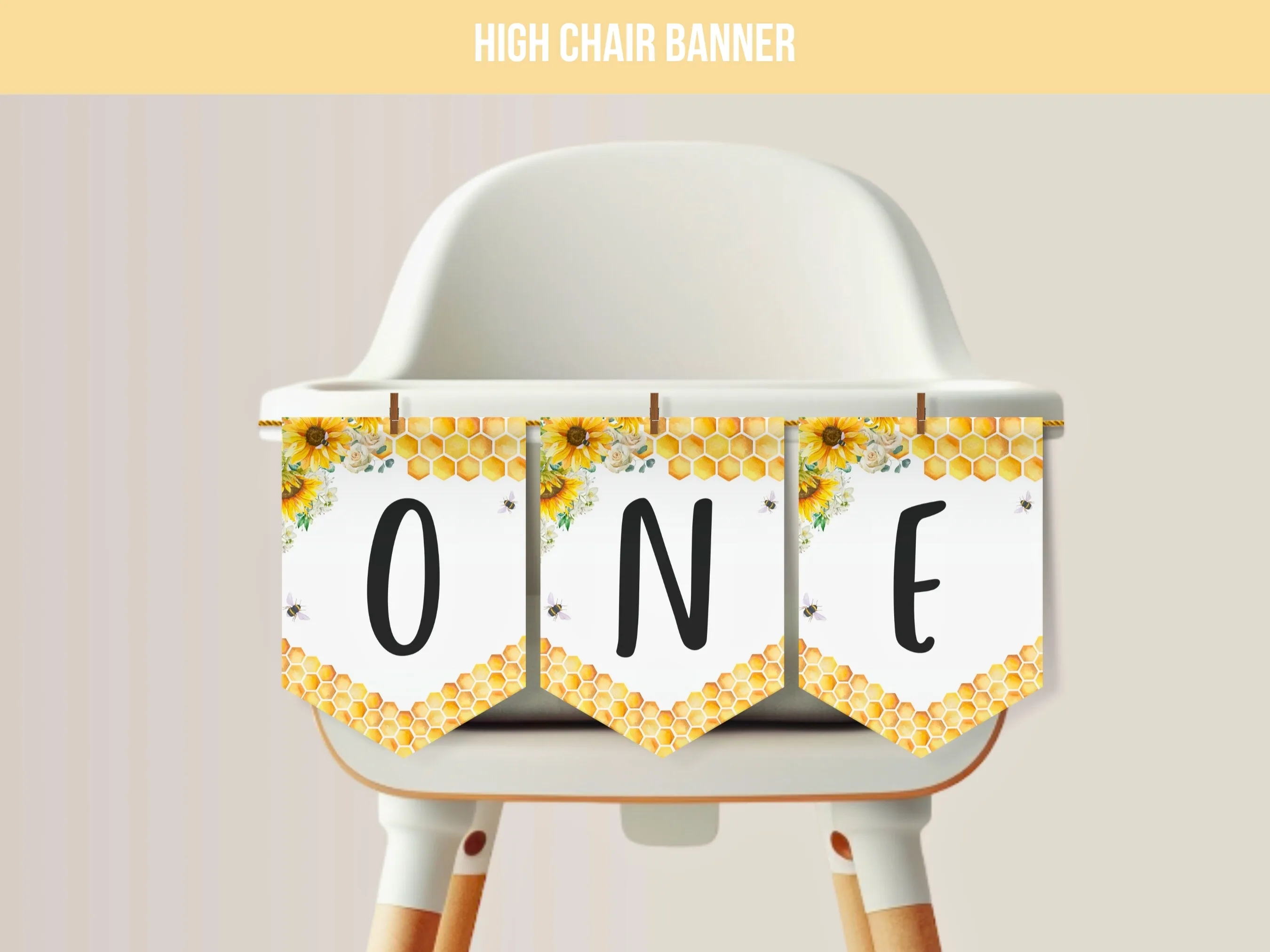 First Bee Day high chair banner with sunflower and bumble bee theme, customizable “One” birthday banner for first birthdays, editable Canva template by fllcdesigns