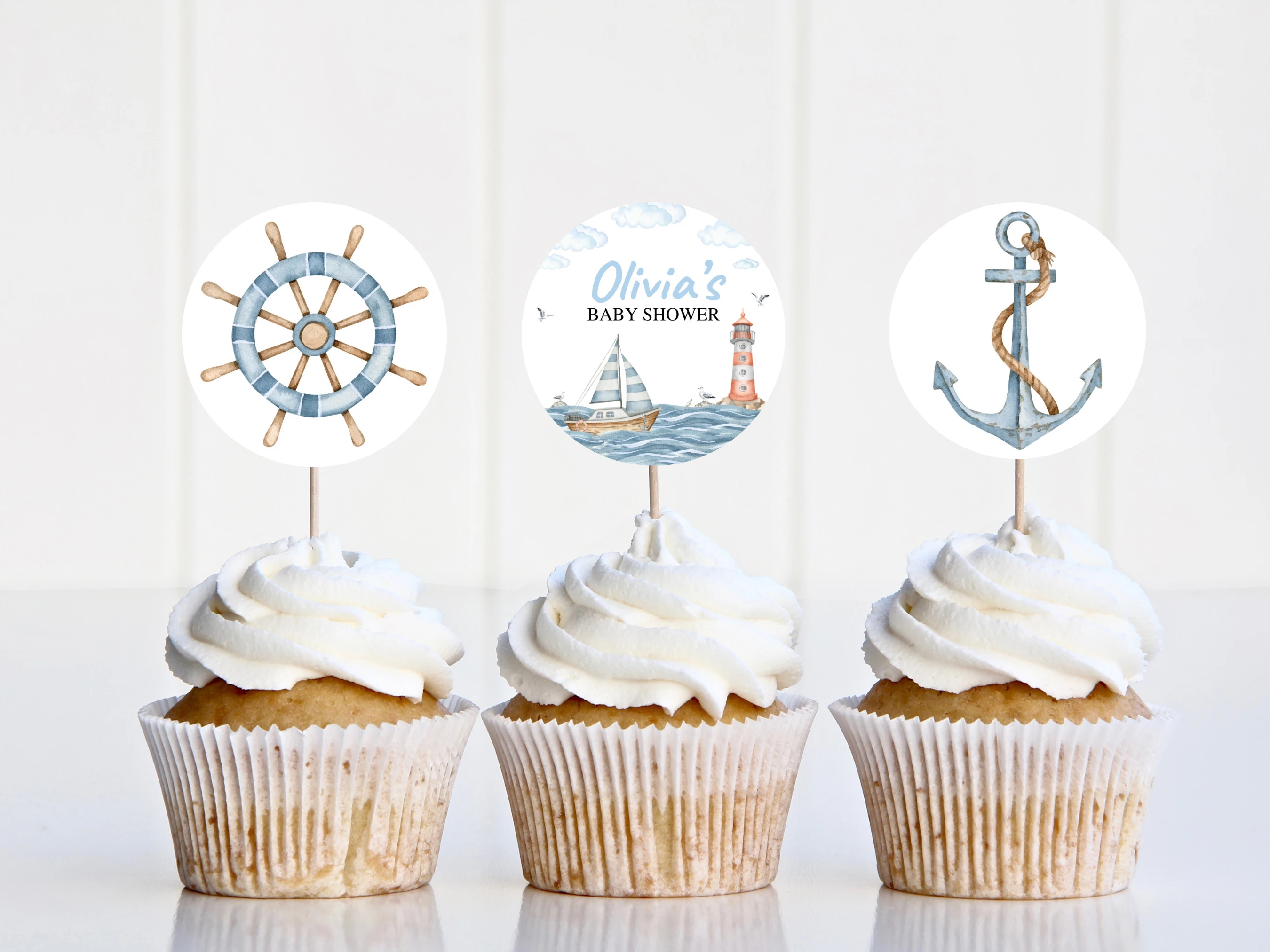 Nautical Baby Shower Cupcake Toppers | Ahoy It's a Boy Sailboat Cake Topper | Editable Canva Template | Digital Download