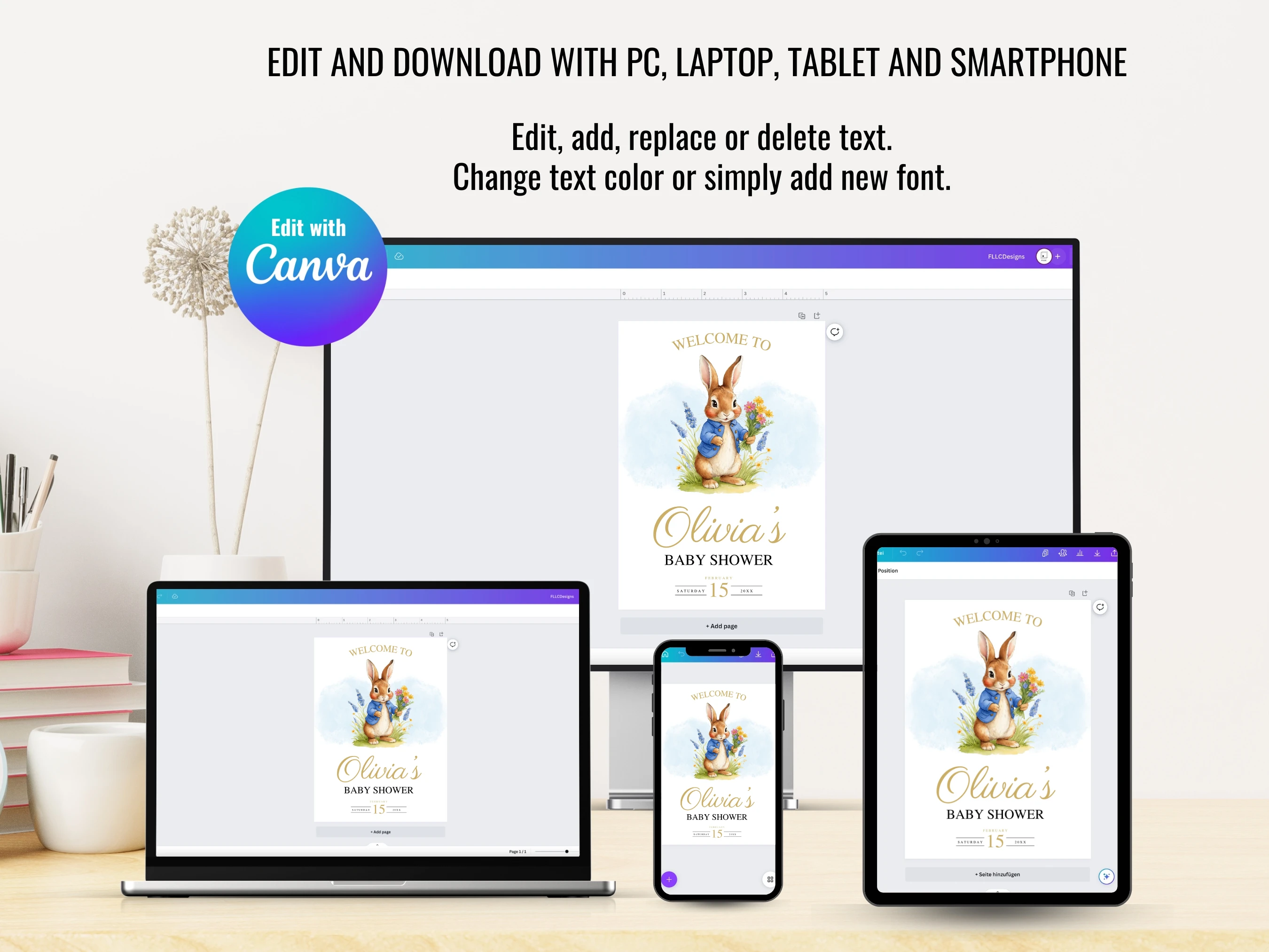 Peter Rabbit Baby Shower Welcome Sign | Flopsy Bunny Spring Welcome Board | Editable Canva Template | Digital Download
