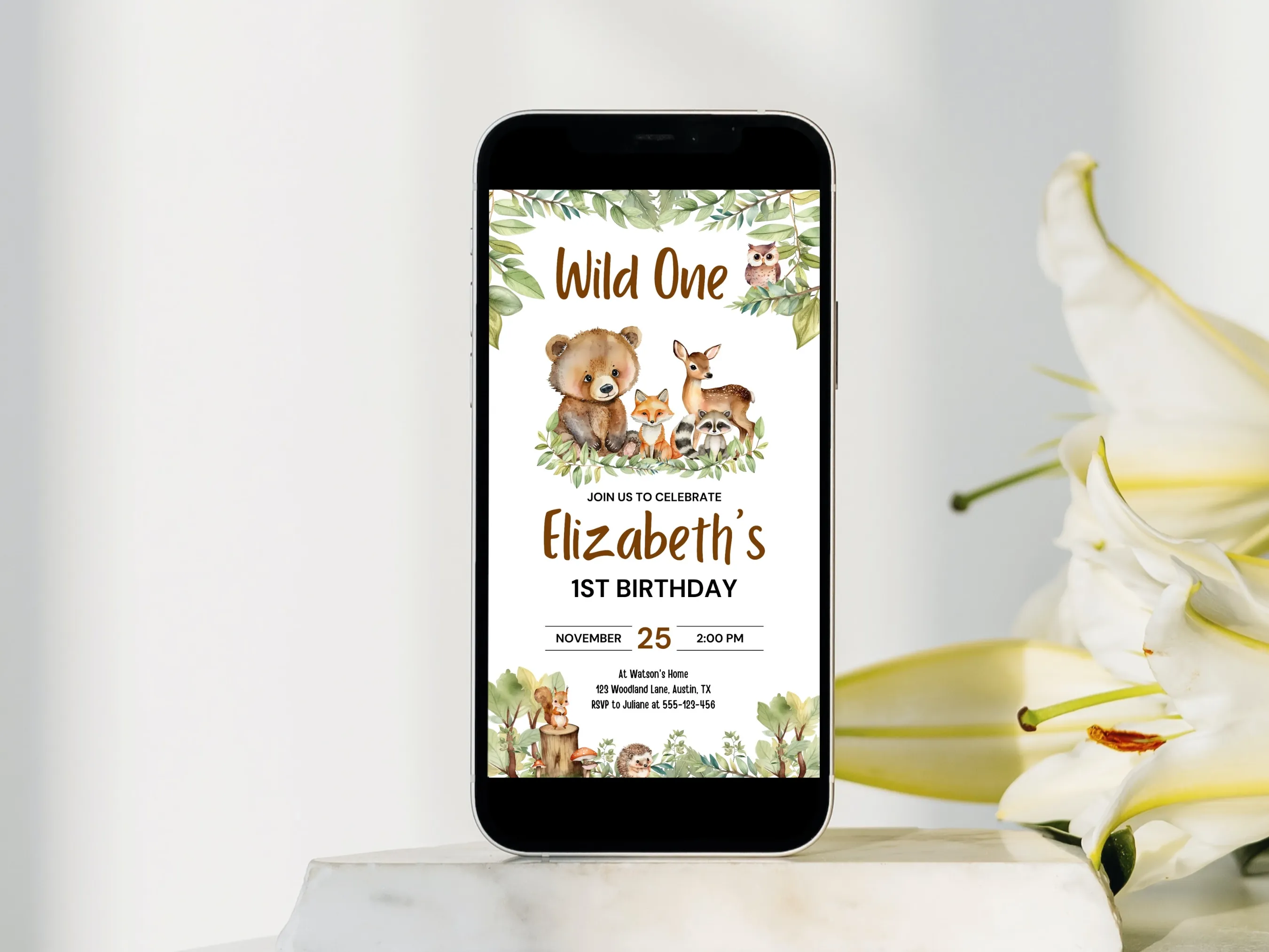 Woodland animals birthday evite with forest theme mobile invitation design, editable Canva template for kids’ nature party, digital download.