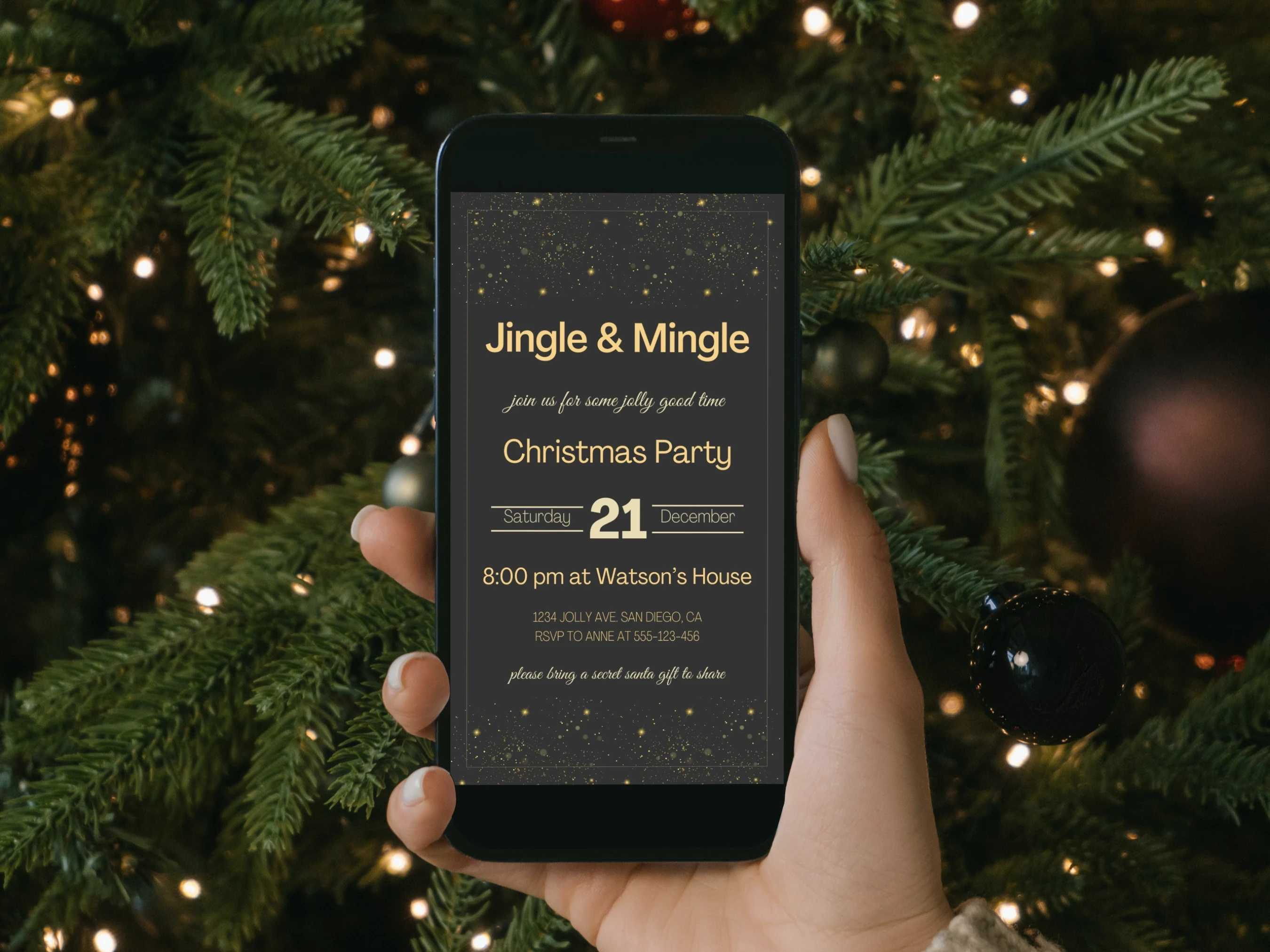 Black and Gold Christmas Party Mobile Invitation Template shown on a smartphone with elegant gold typography, festive Jingle & Mingle design and editable Canva holiday evite.