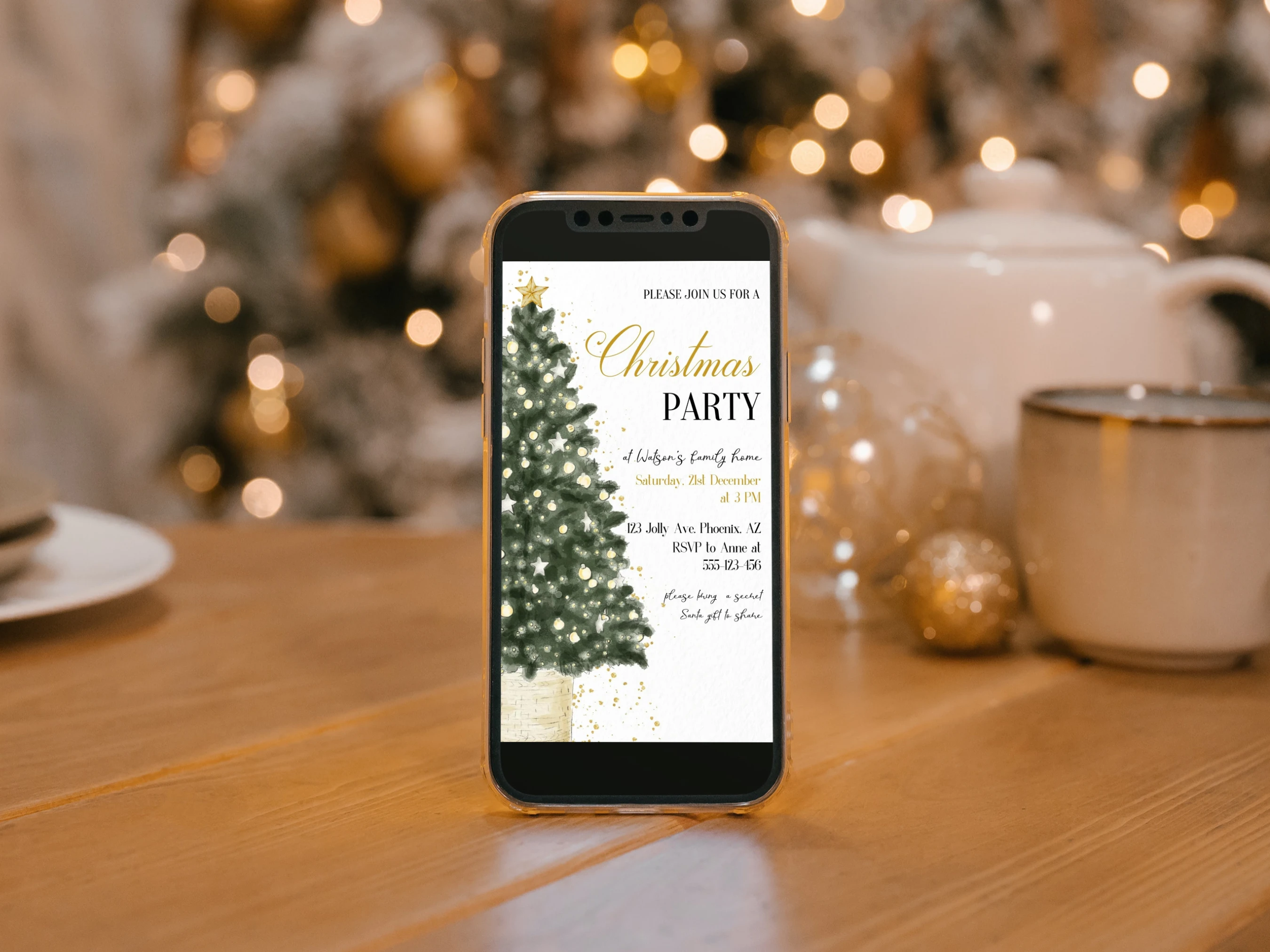 Green & Gold Christmas Tree Mobile Invitation | Holiday Party Evite | Editable Canva Template | Digital Download