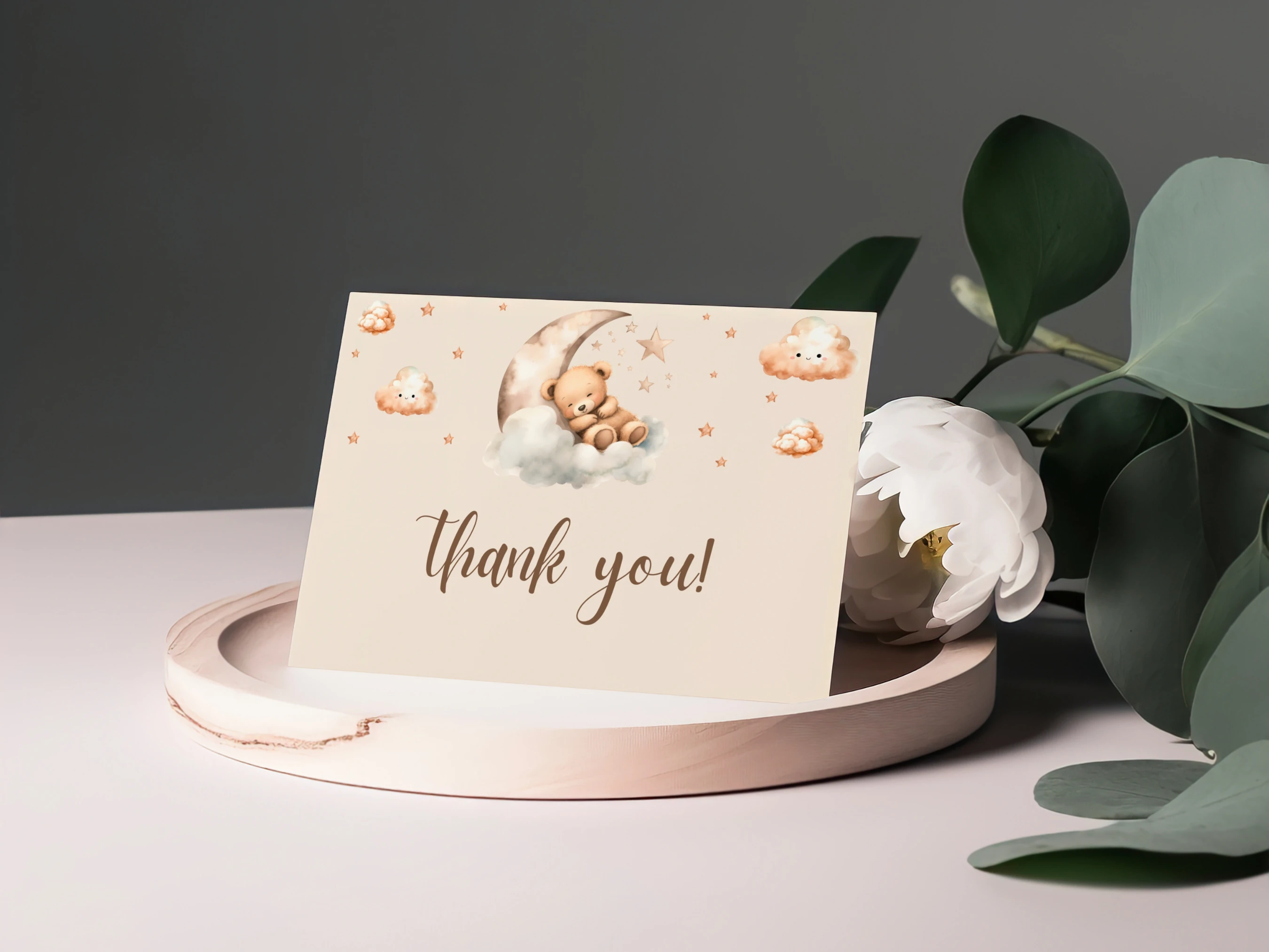 Teddy Bear Baby Shower Thank You Card | Over The Moon Baby Shower Thank You Note | Editable Canva Template | Digital Download