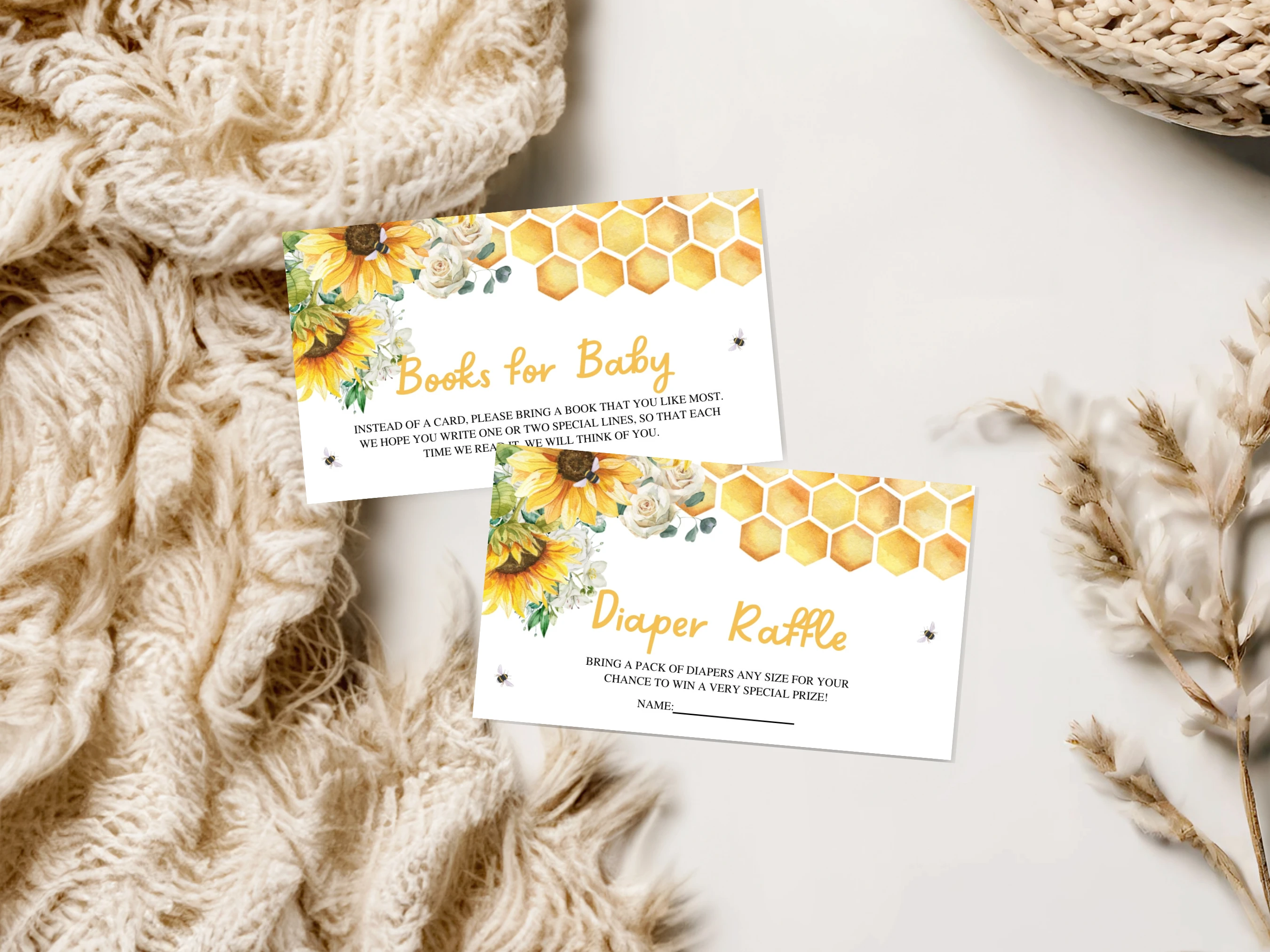 Bumble Bee Baby Shower Diaper Raffle Card | Sunflower Honey Bee Books For Baby Card | Editable Canva Template | Digital Download