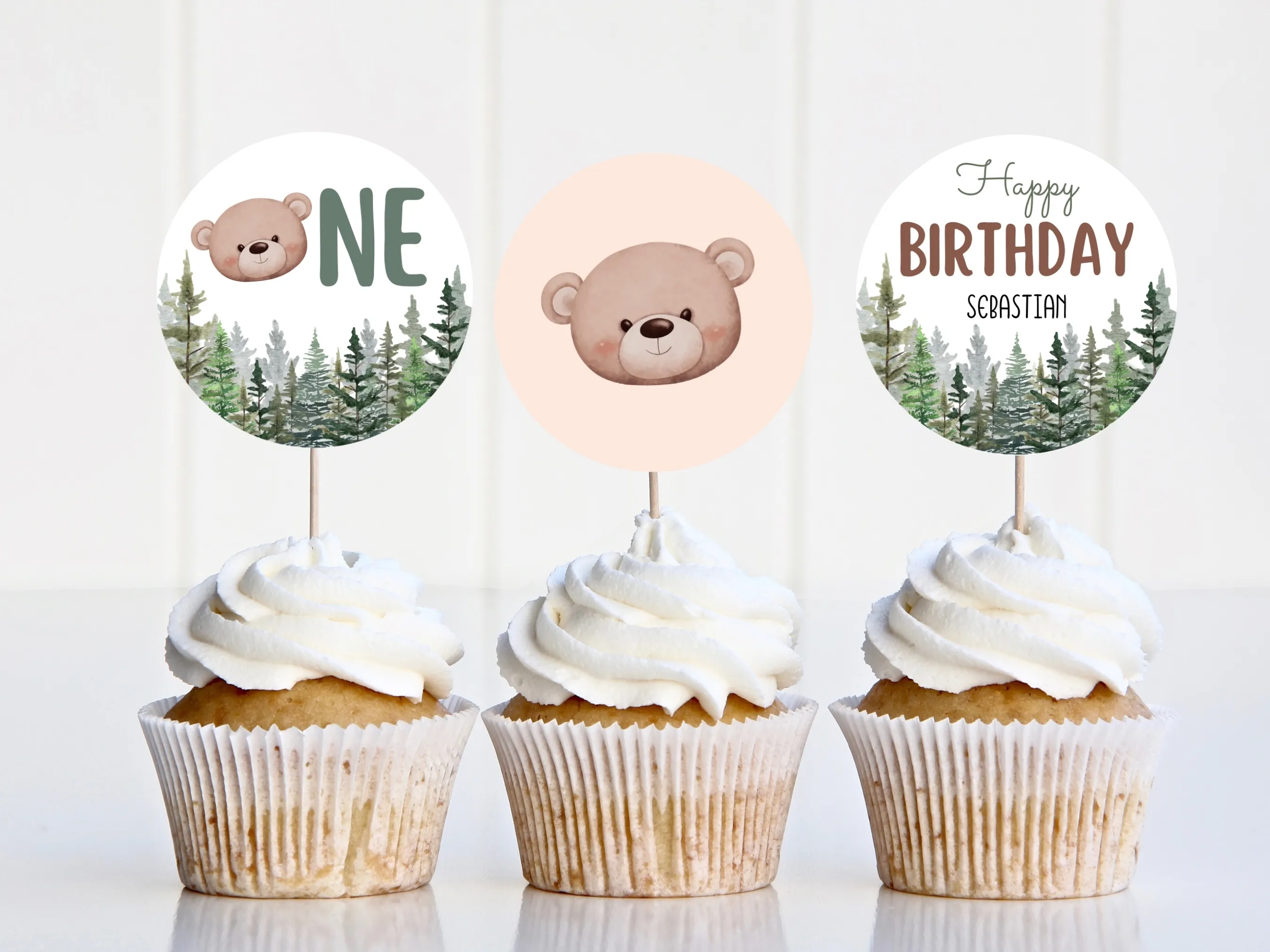 Woodland birthday cupcake toppers with forest animals and Brown Bear “One” cake topper, editable Canva template by fllcdesigns